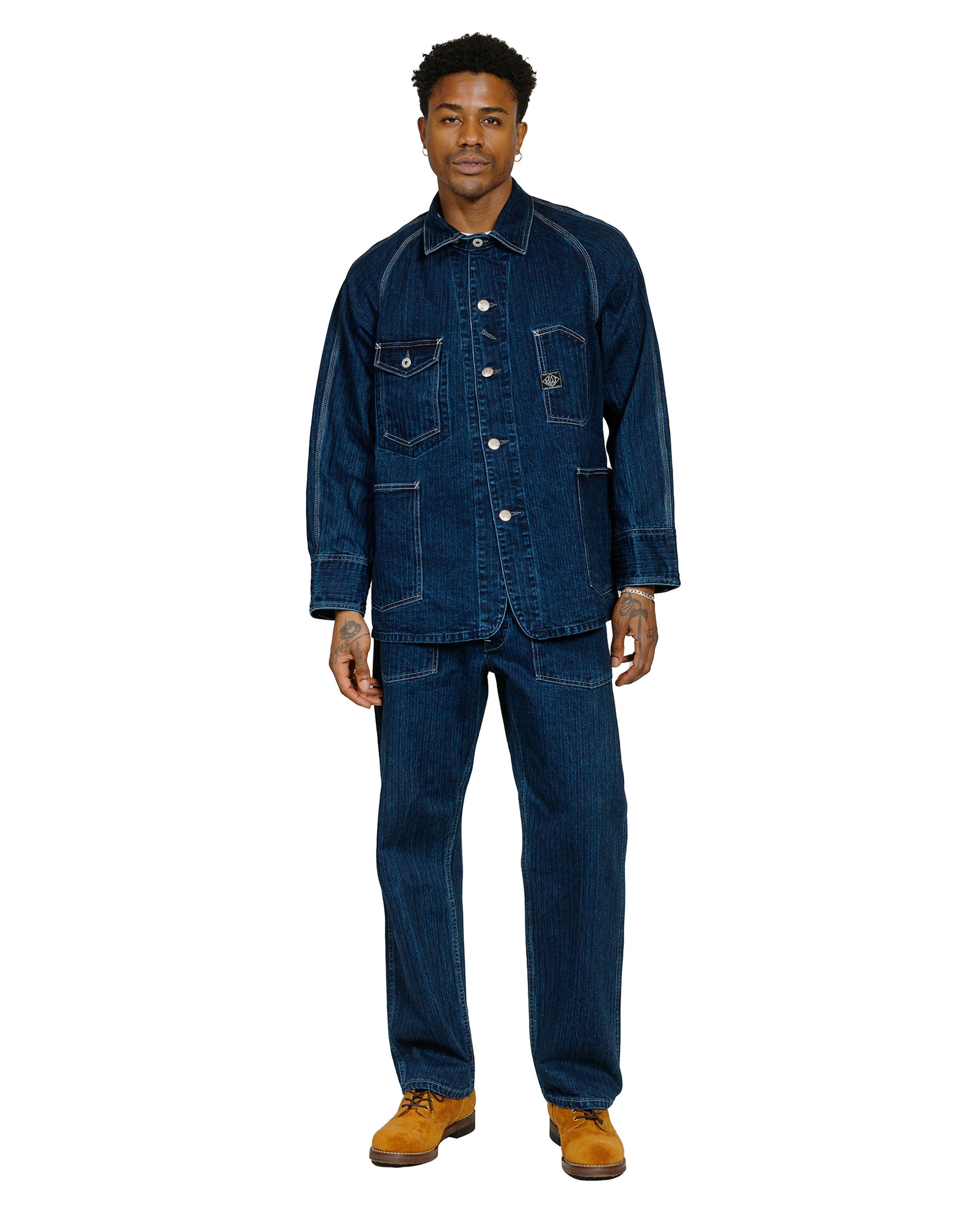 Post O'Alls Army Pants Herringbone Denim Double Indigo model full