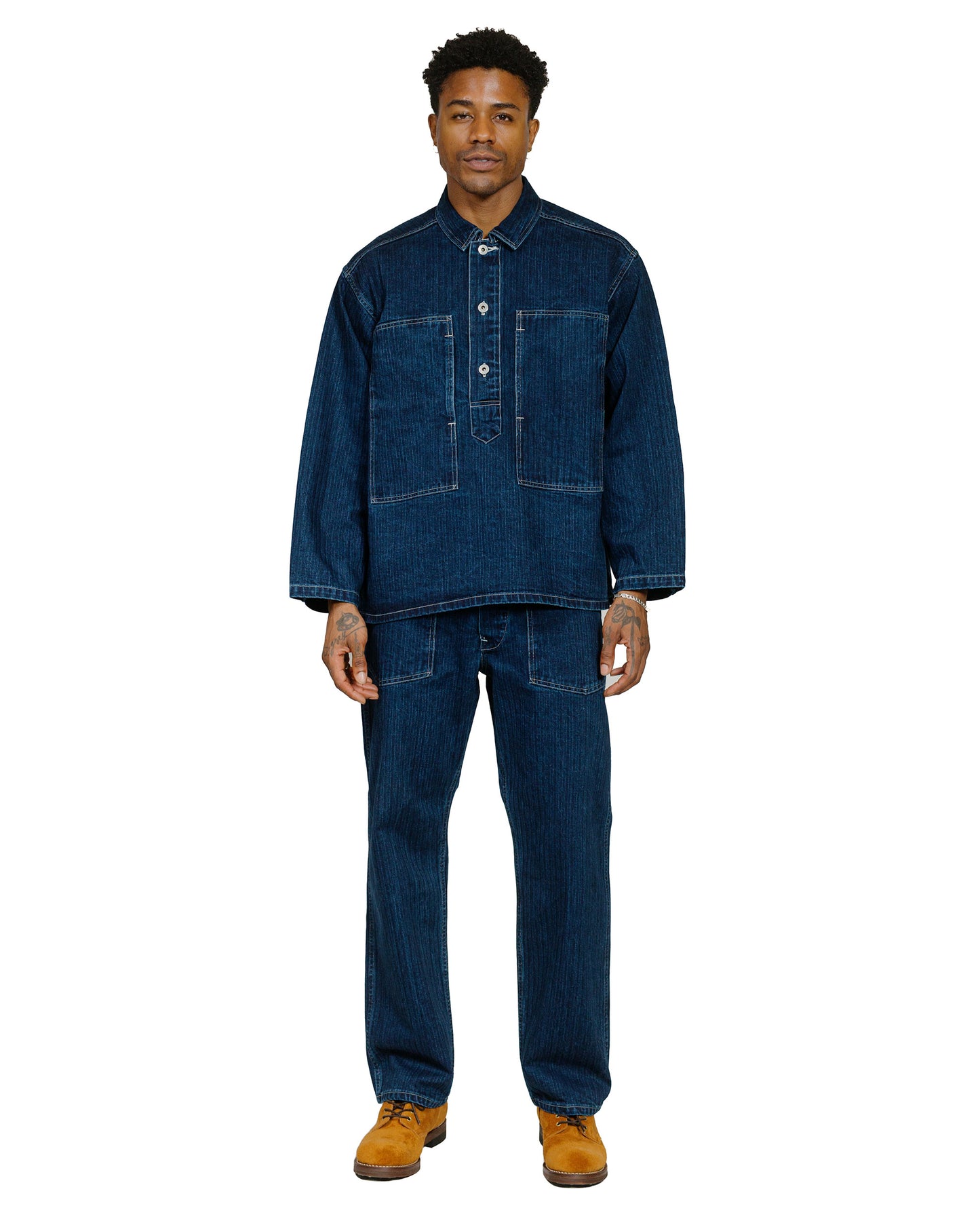 Post O'Alls Army Shirt Herringbone Denim Double Indigo model full