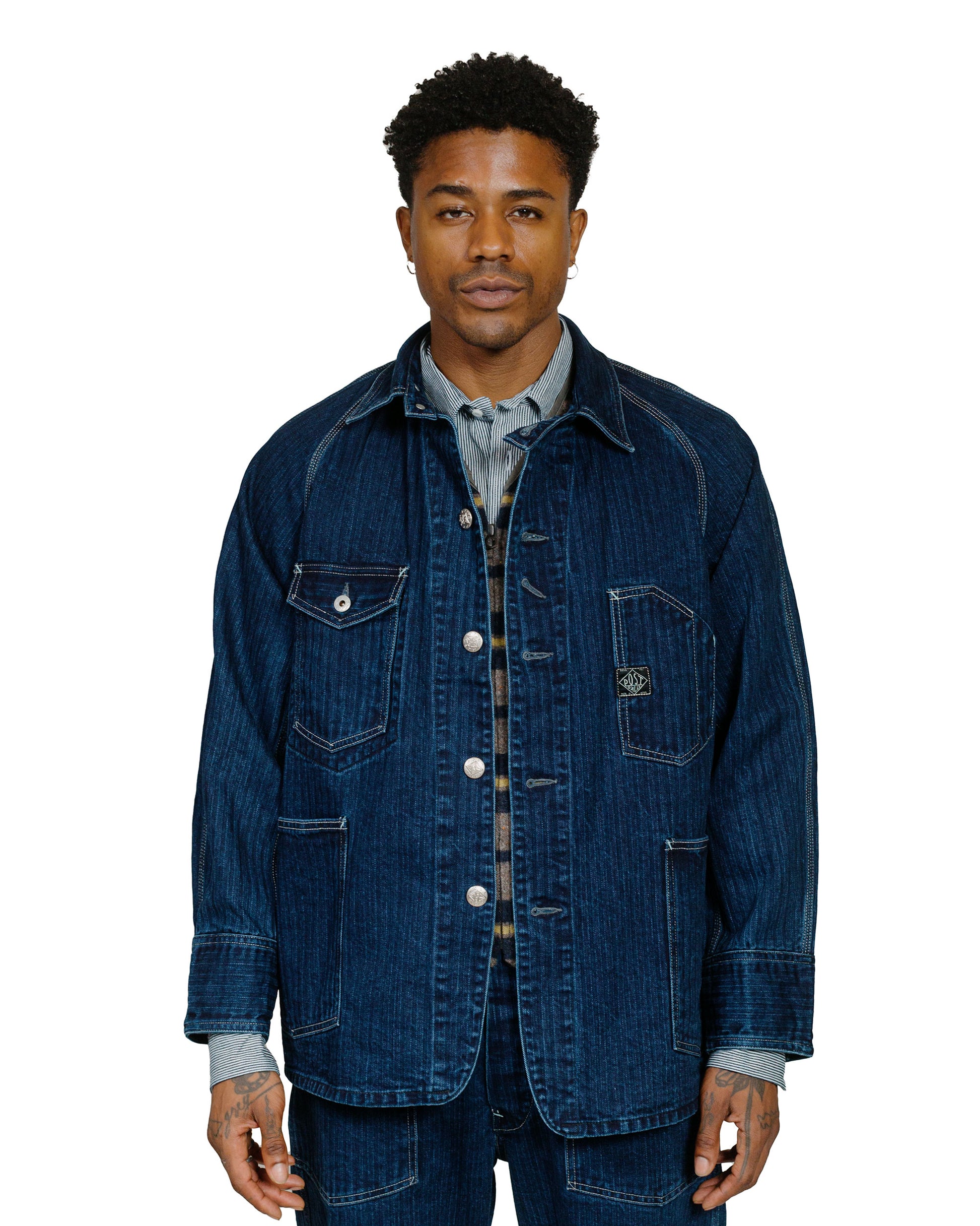 Post O'Alls Engineer's Jacket Herringbone Denim Double Indigo model front