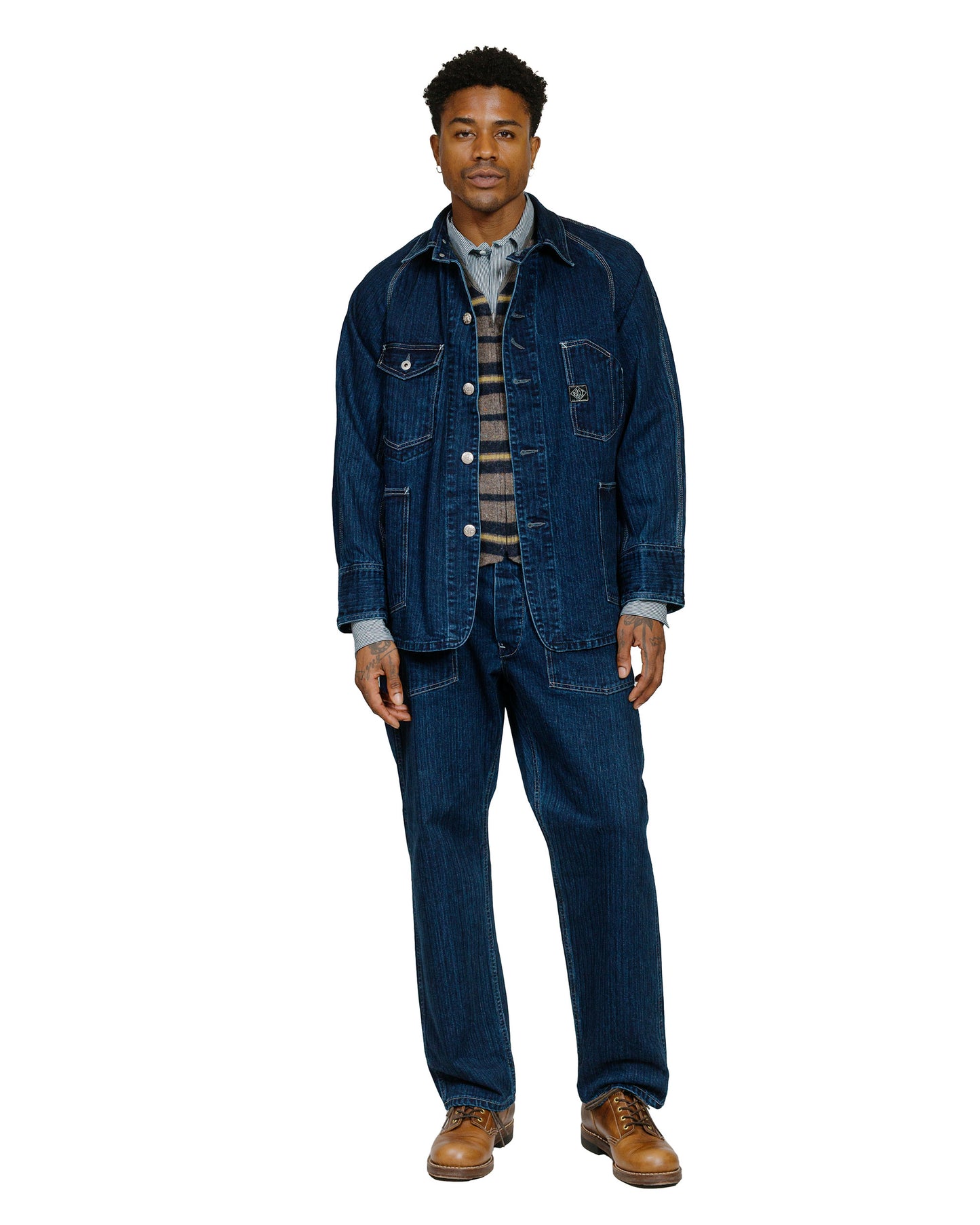 Post O'Alls Engineer's Jacket Herringbone Denim Double Indigo model full