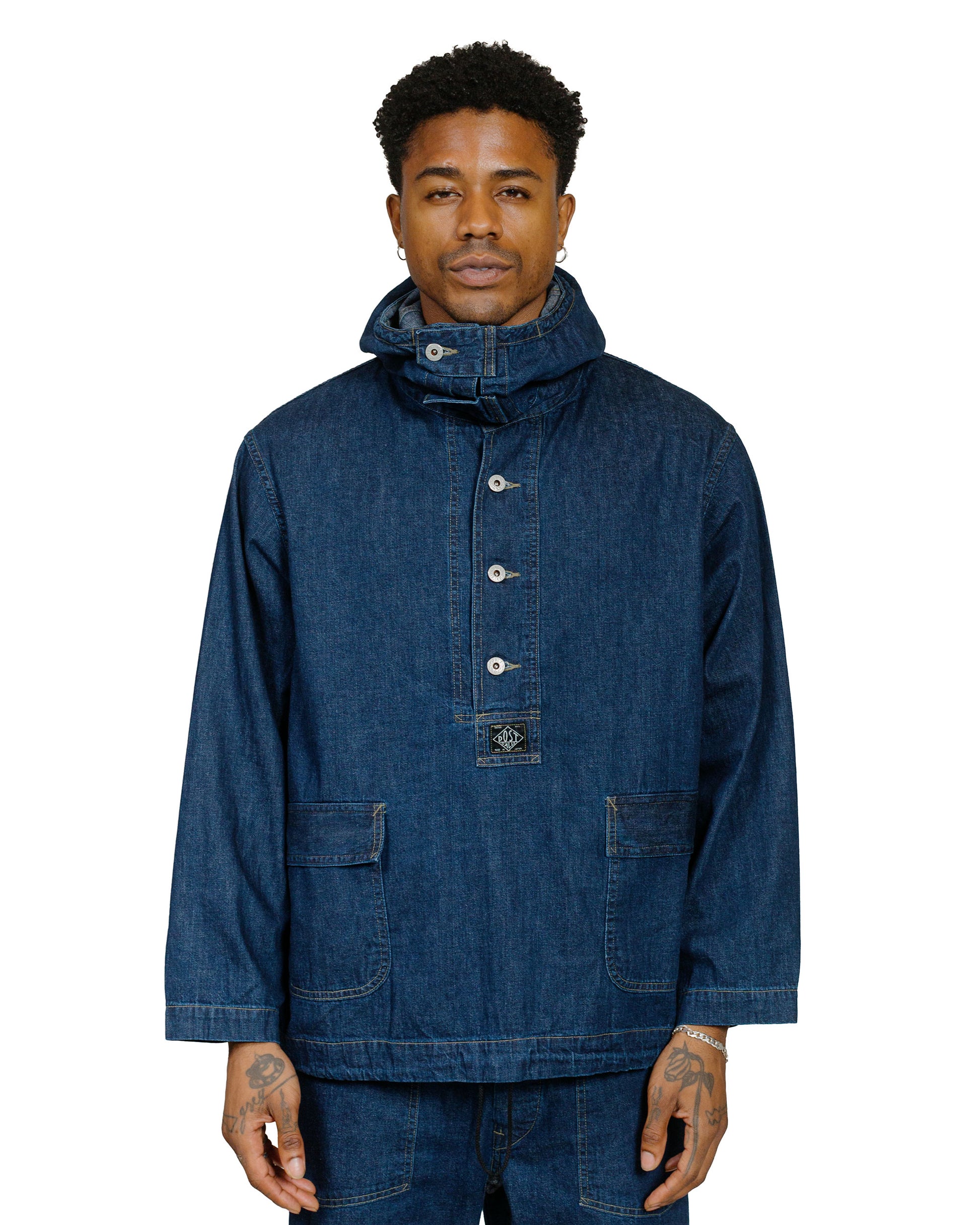 Post O'Alls Navy Parka Blue Denim w/OD Yellow Stitch Indigo model front