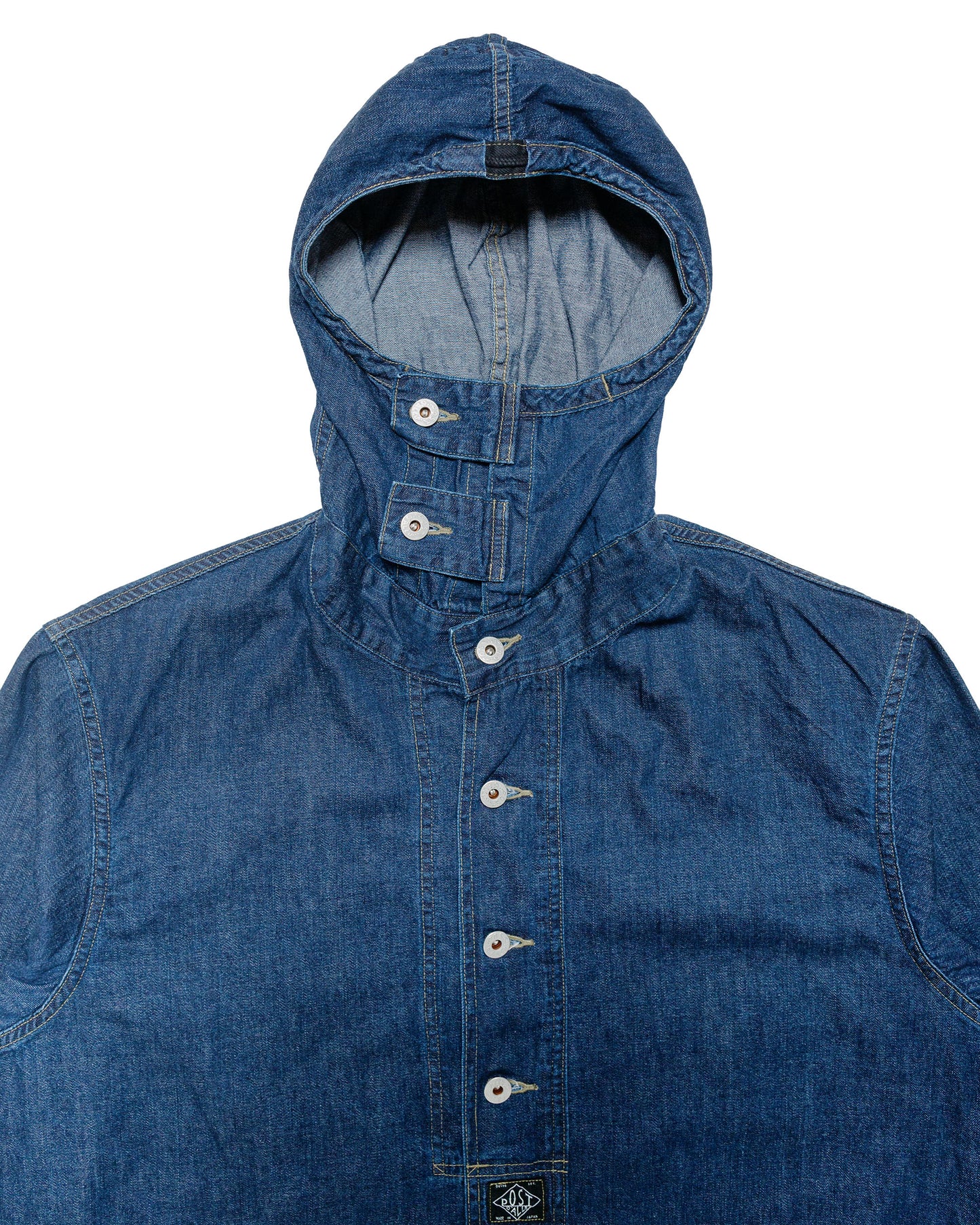 Post O'Alls Navy Parka Blue Denim w/OD Yellow Stitch Indigo hood
