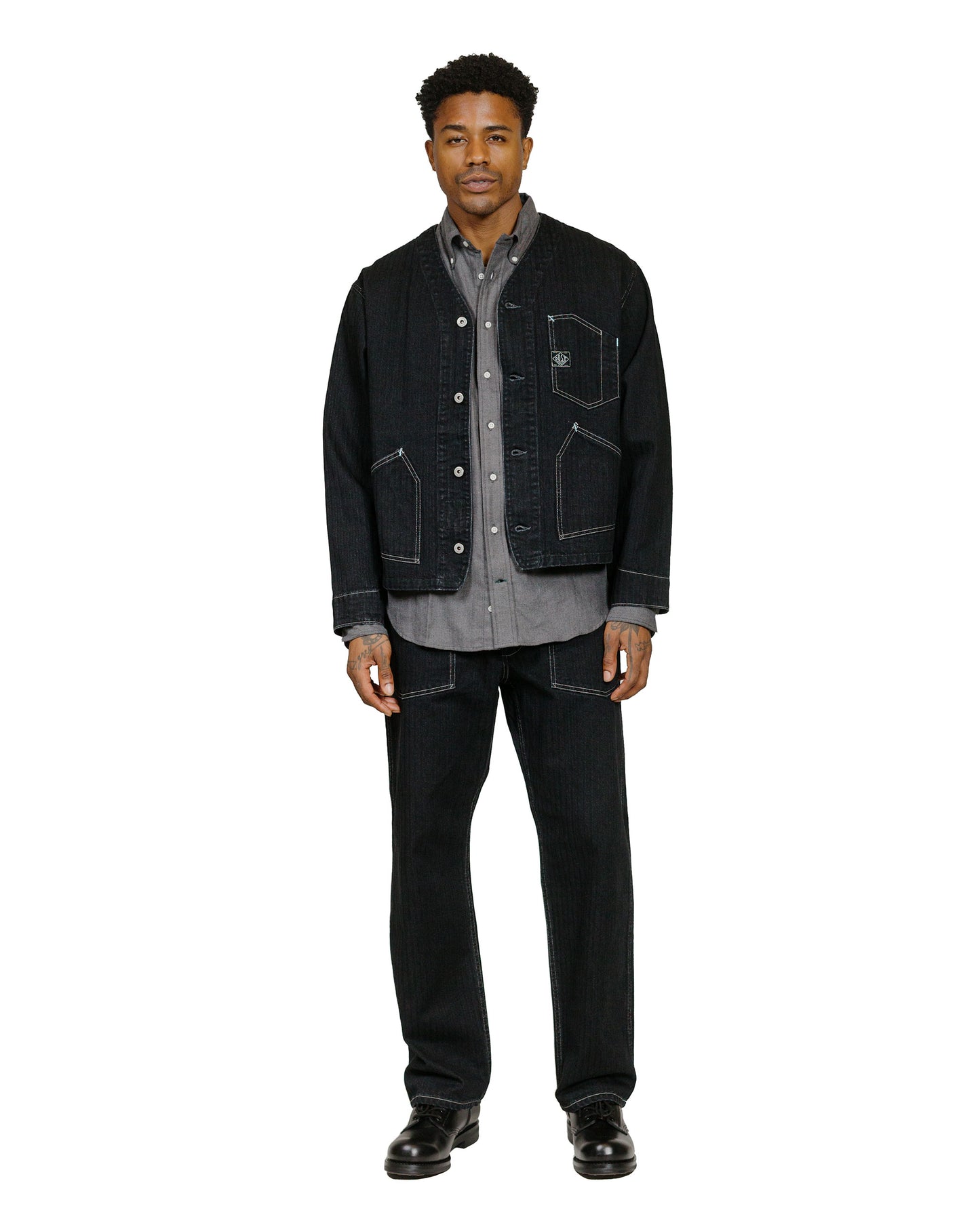 Post O'Alls Stoker's Jacket Herringbone Denim Black model full