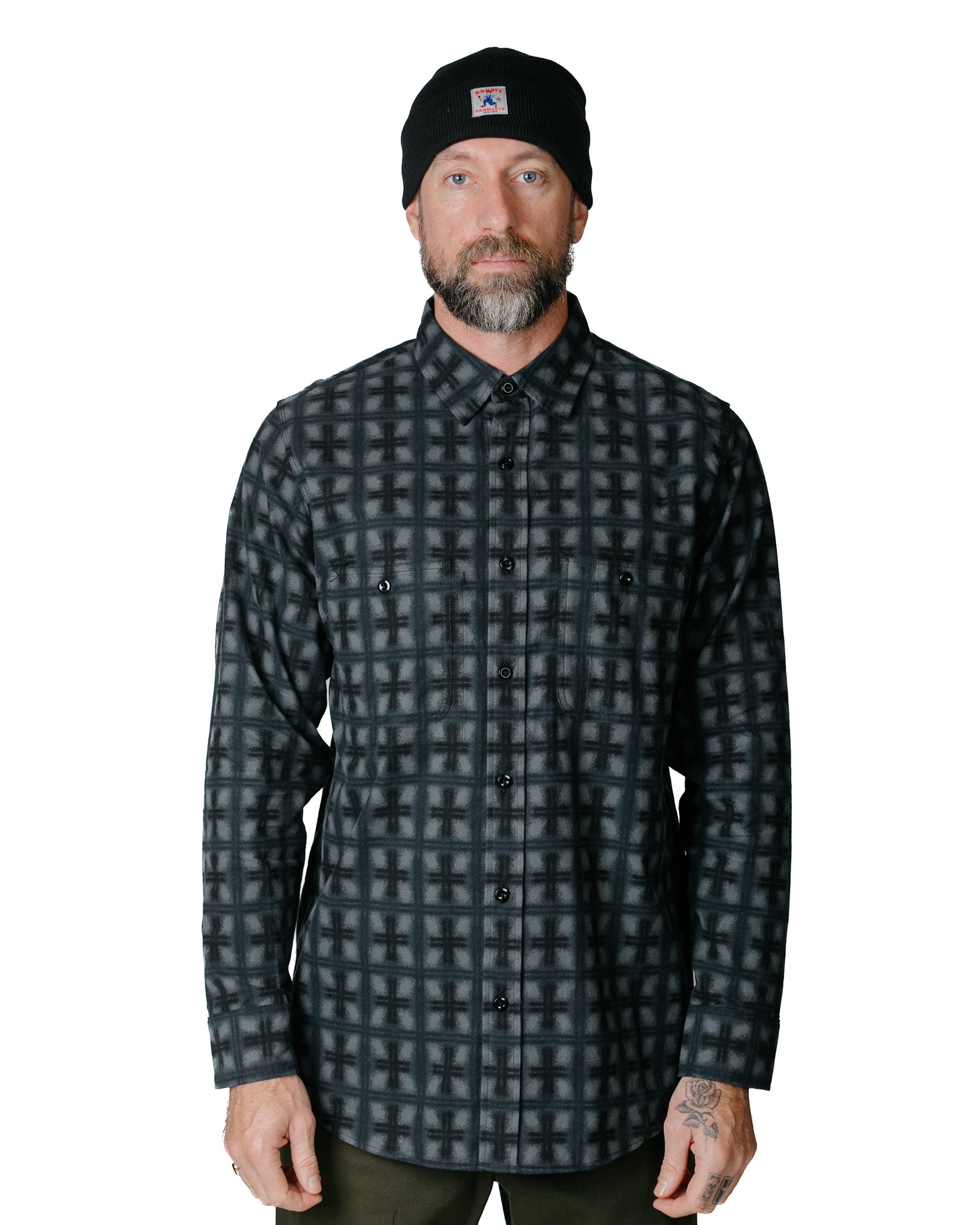 Randy's Garments 3-Pocket Work Shirt Brushed Poplin Stencil Plaid Grey model front