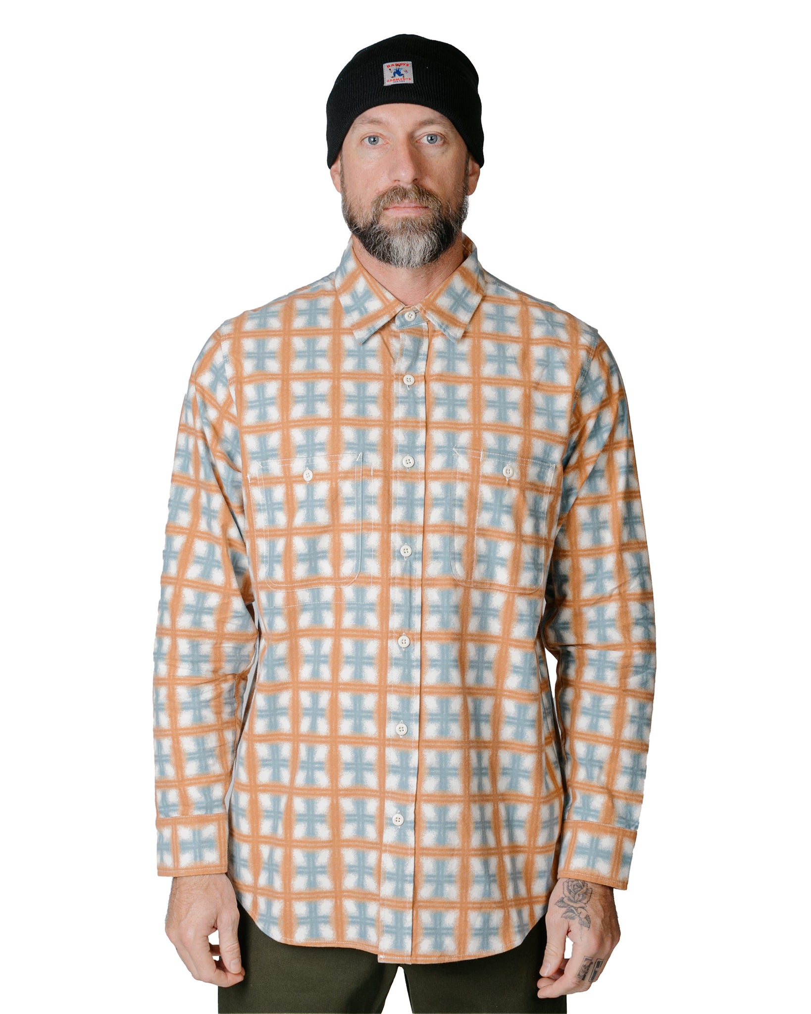 Randy's Garments 3-Pocket Work Shirt Brushed Poplin Stencil Plaid Natural model front