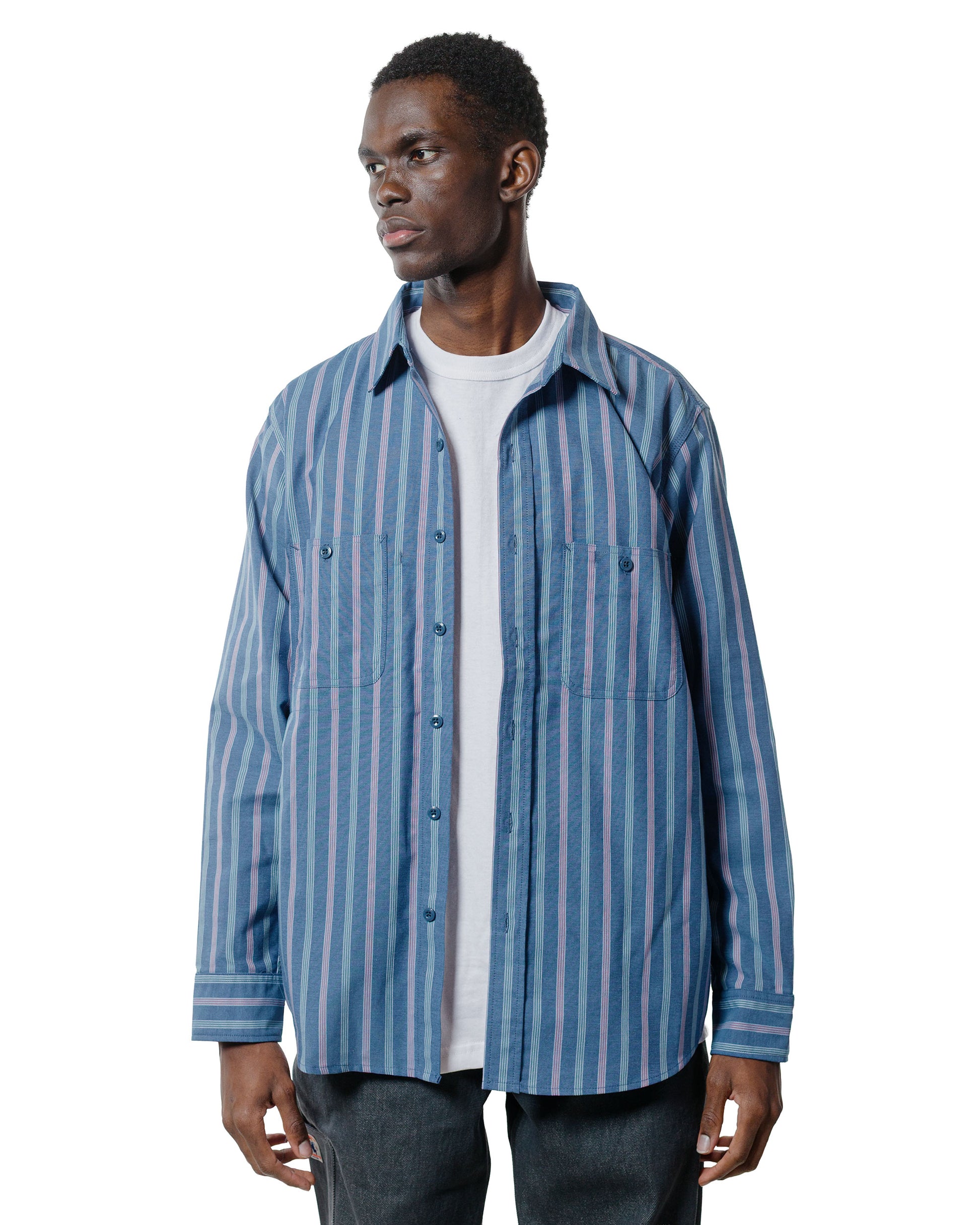 Randy's Garments 3-Pocket Work Shirt Cotton Stripe Jacquard Oxford Cloth Blue