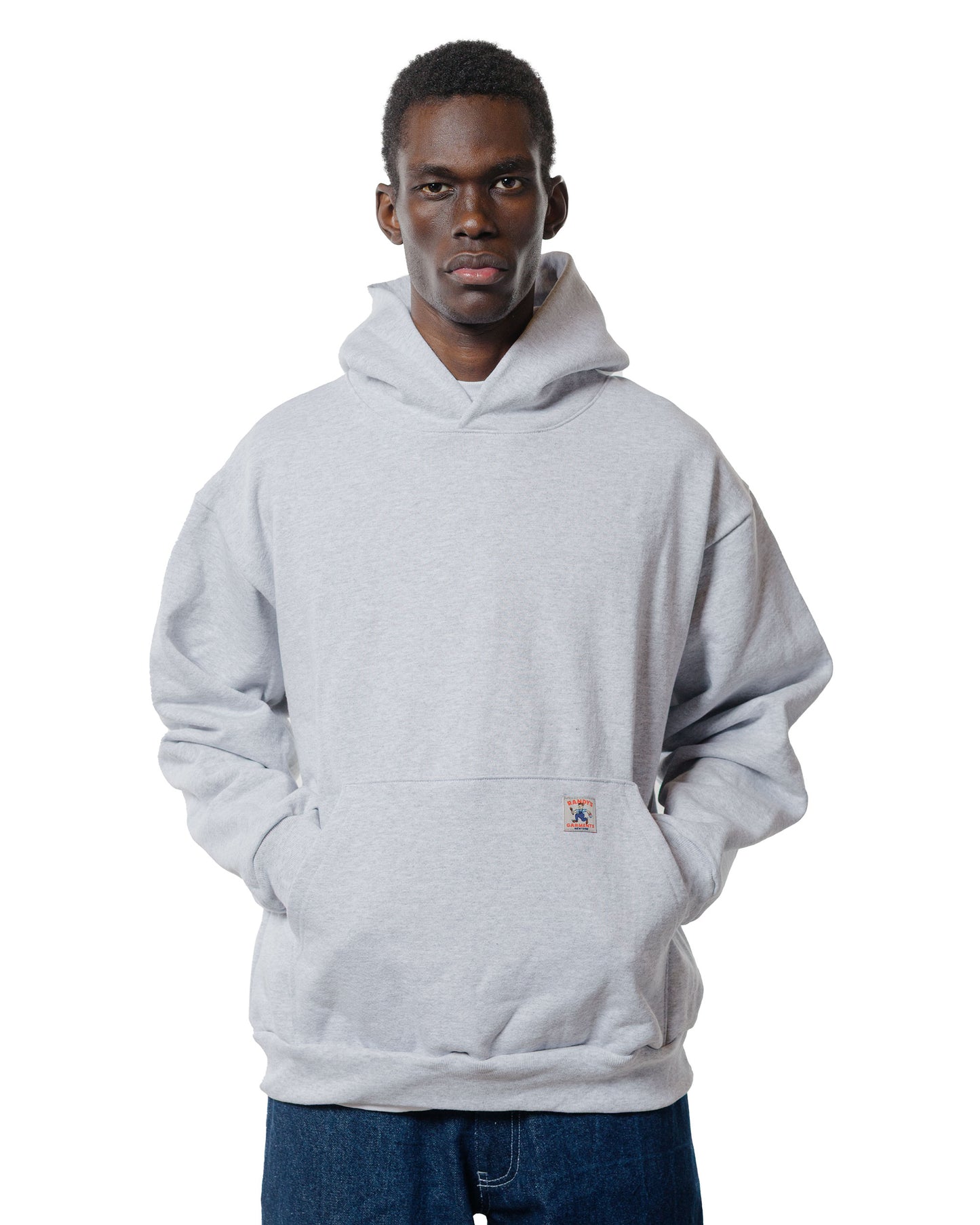 Randy's Garments Heavyweight Logo Cross-Neck Hoodie Heather Grey 14oz Cotton Poly