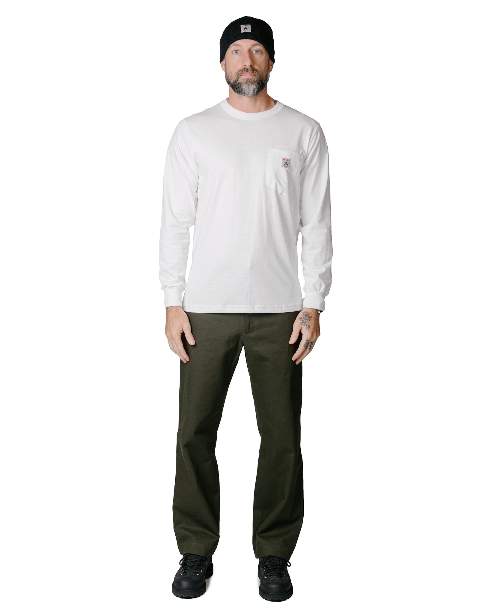 Randy's Garments Long-Sleeve Pocket Tee White model full