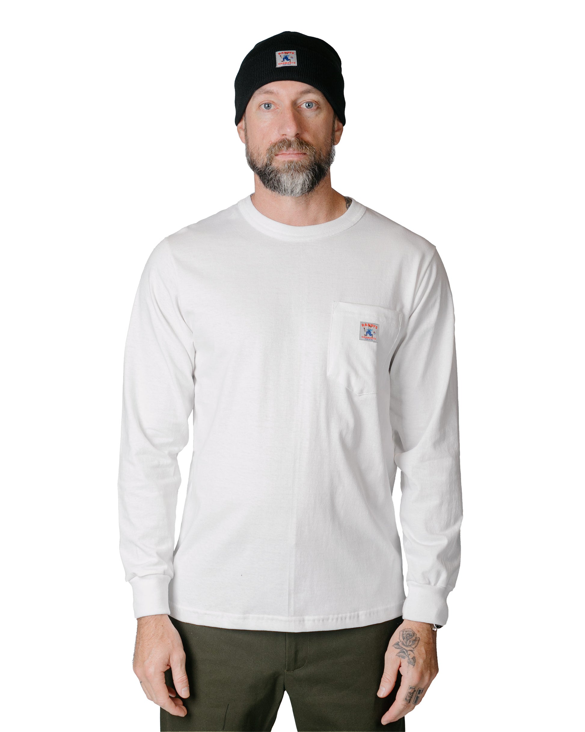 Randy's Garments Long-Sleeve Pocket Tee White model front