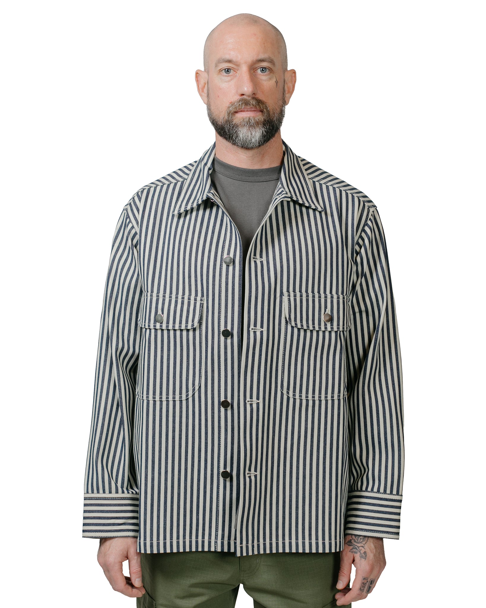 Randy's Garments Over Shirt 12oz Jacquard Denim NaturalNavy model front