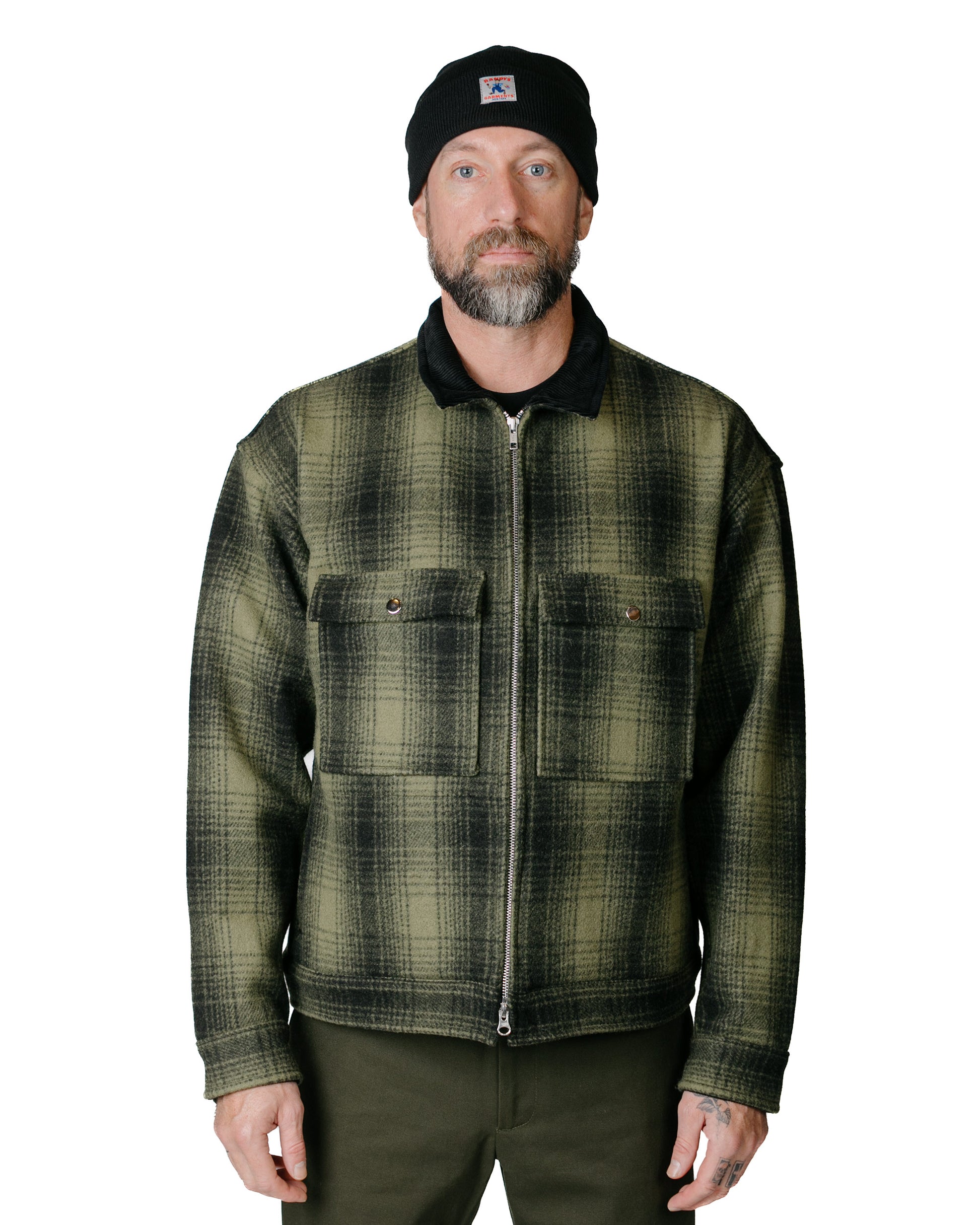 Randy's Garments Station Jacket Shadow Plaid Melton Wool Olive model front