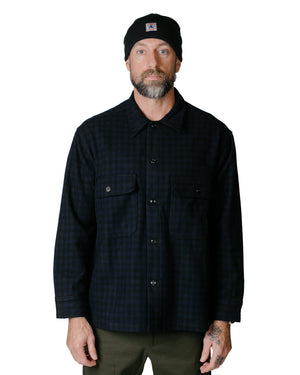 Randy's Garments Wool Check Over Shirt Dark Navy model front