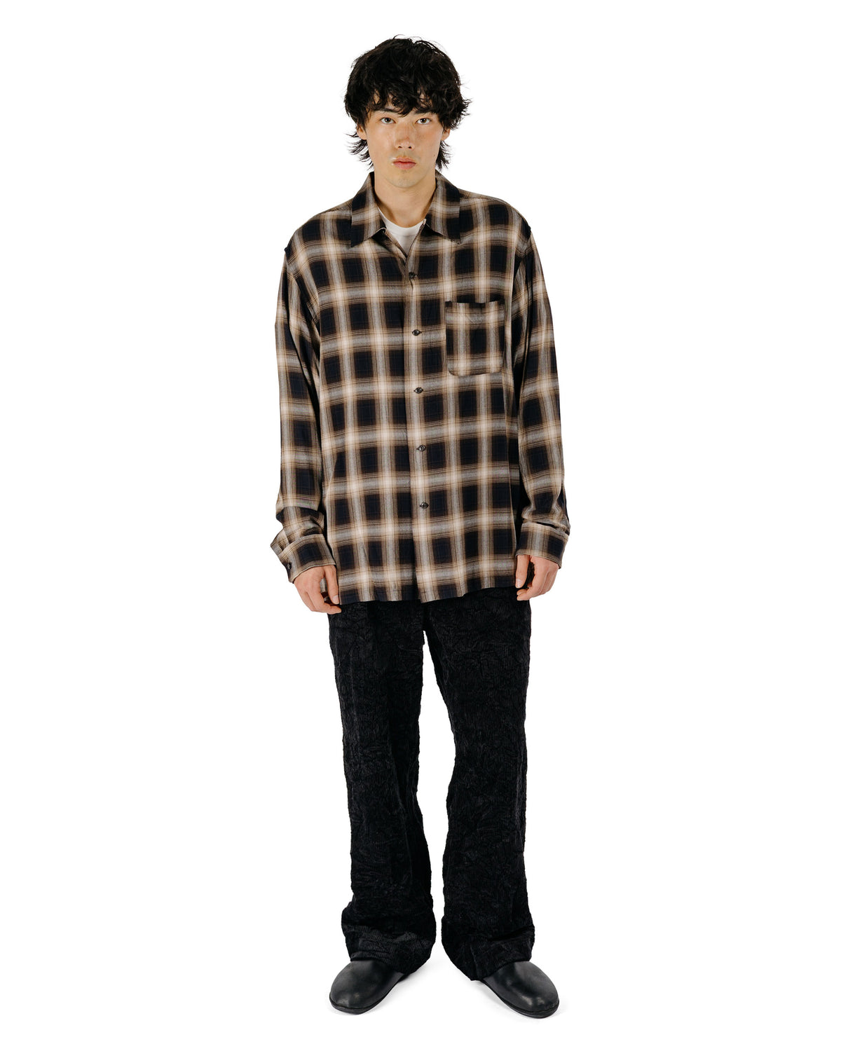 Sage de Cret RA Ombre Check Open Collar Shirt Brown-2