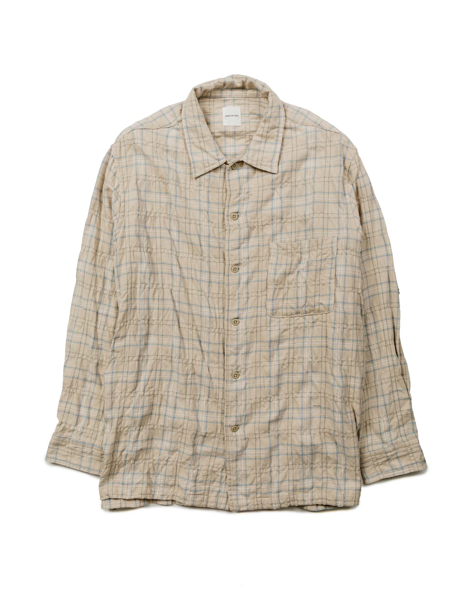 Sage de Cret Cotton/Wool Shrink Open Collar Check Shirt Beige