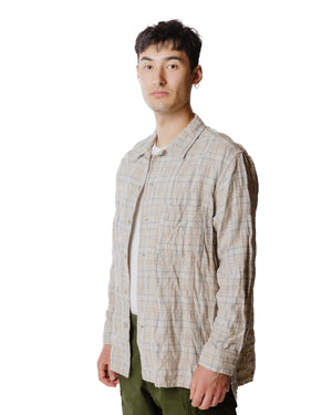 Sage de Cret Cotton/Wool Shrink Open Collar Check Shirt Beige Model Close