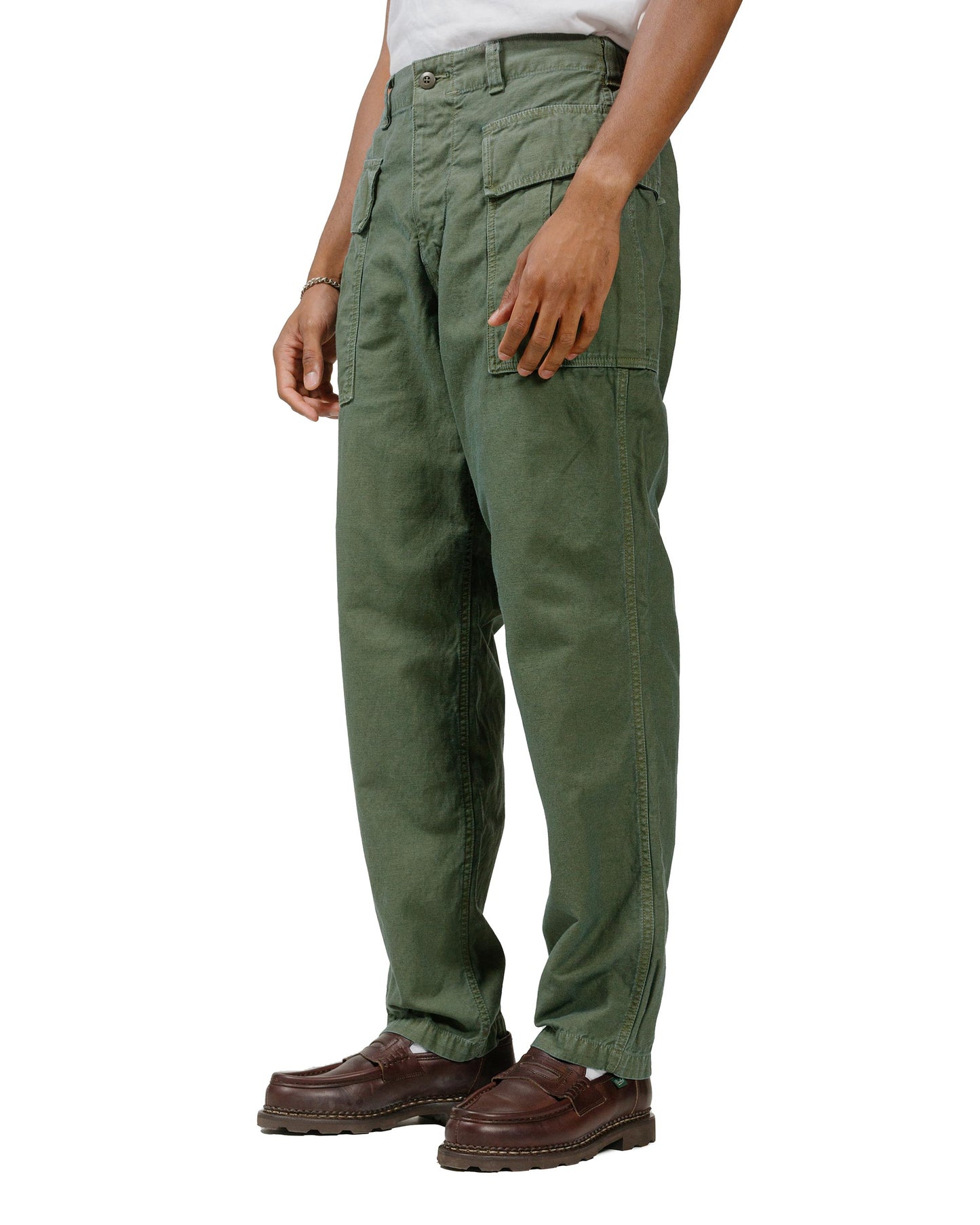 Sage de Cret Cotton/Linen Back Satin Pegtop Military Pants Olive model front