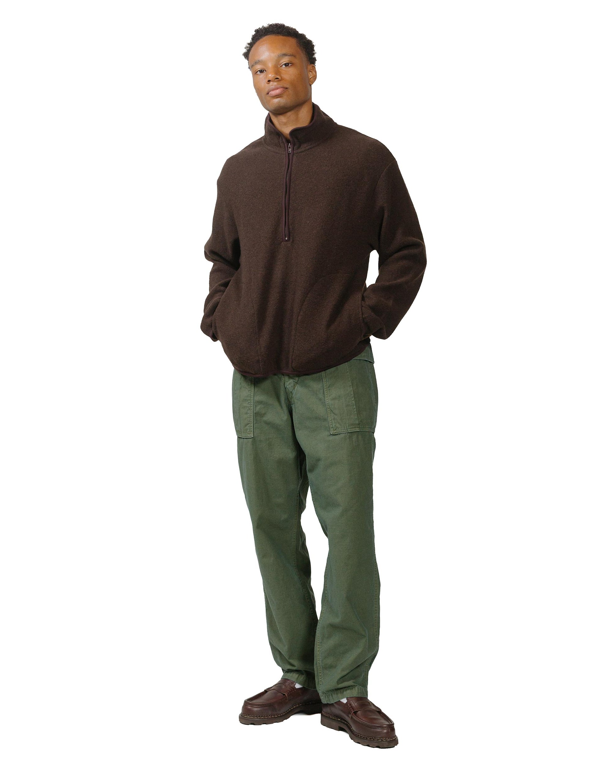 Sage de Cret Cotton/Linen Back Satin Pegtop Military Pants Olive model full