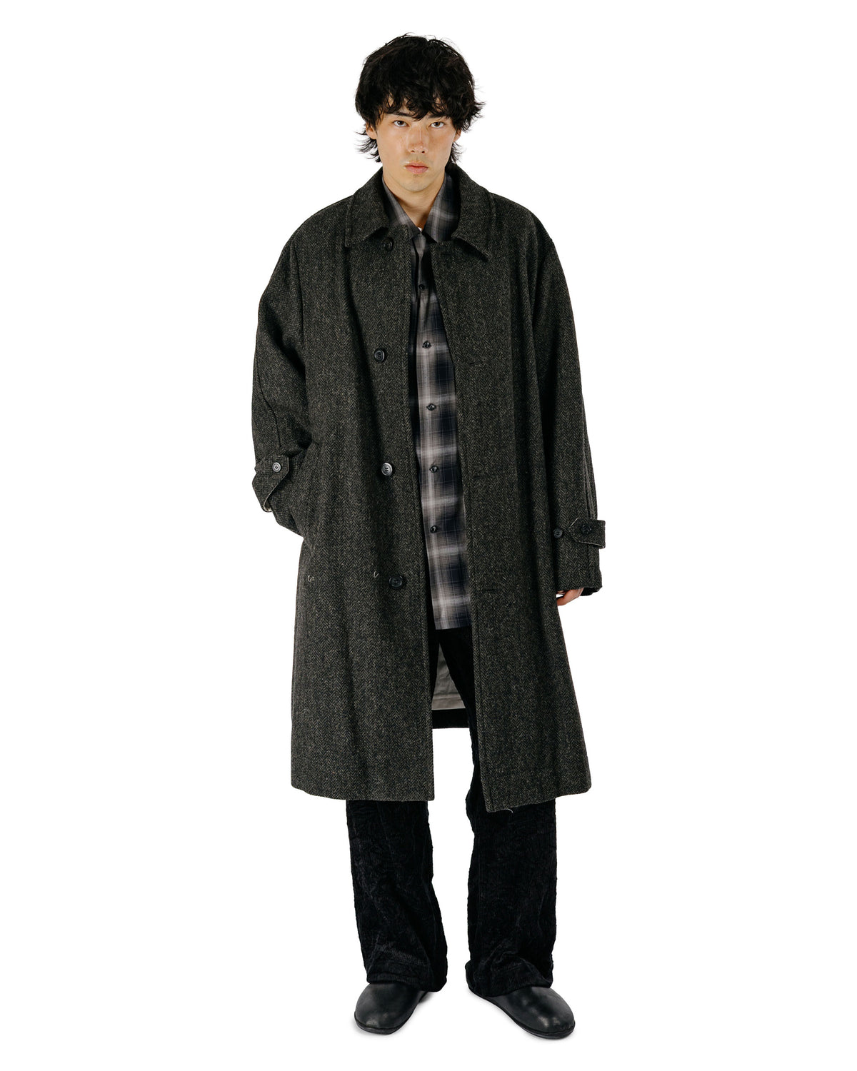 Sage de Cret Harris Tweed Balmacaan Overcoat Herringbone