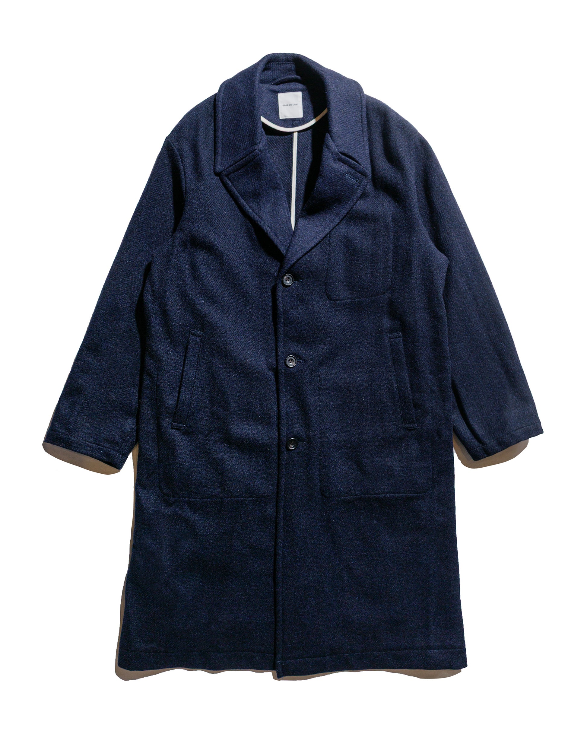 Sage de Cret Harris Tweed Ulster Collar Long Coat Navy