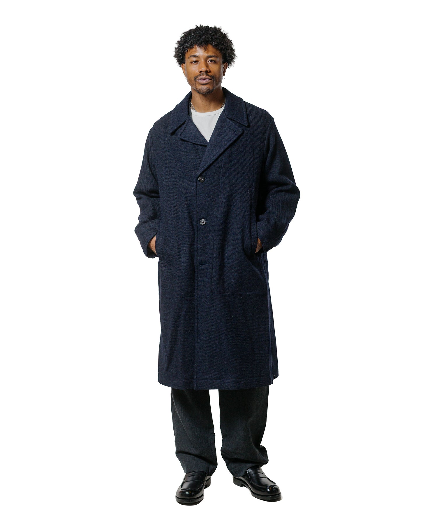 Sage de Cret Harris Tweed Ulster Collar Long Coat Navy