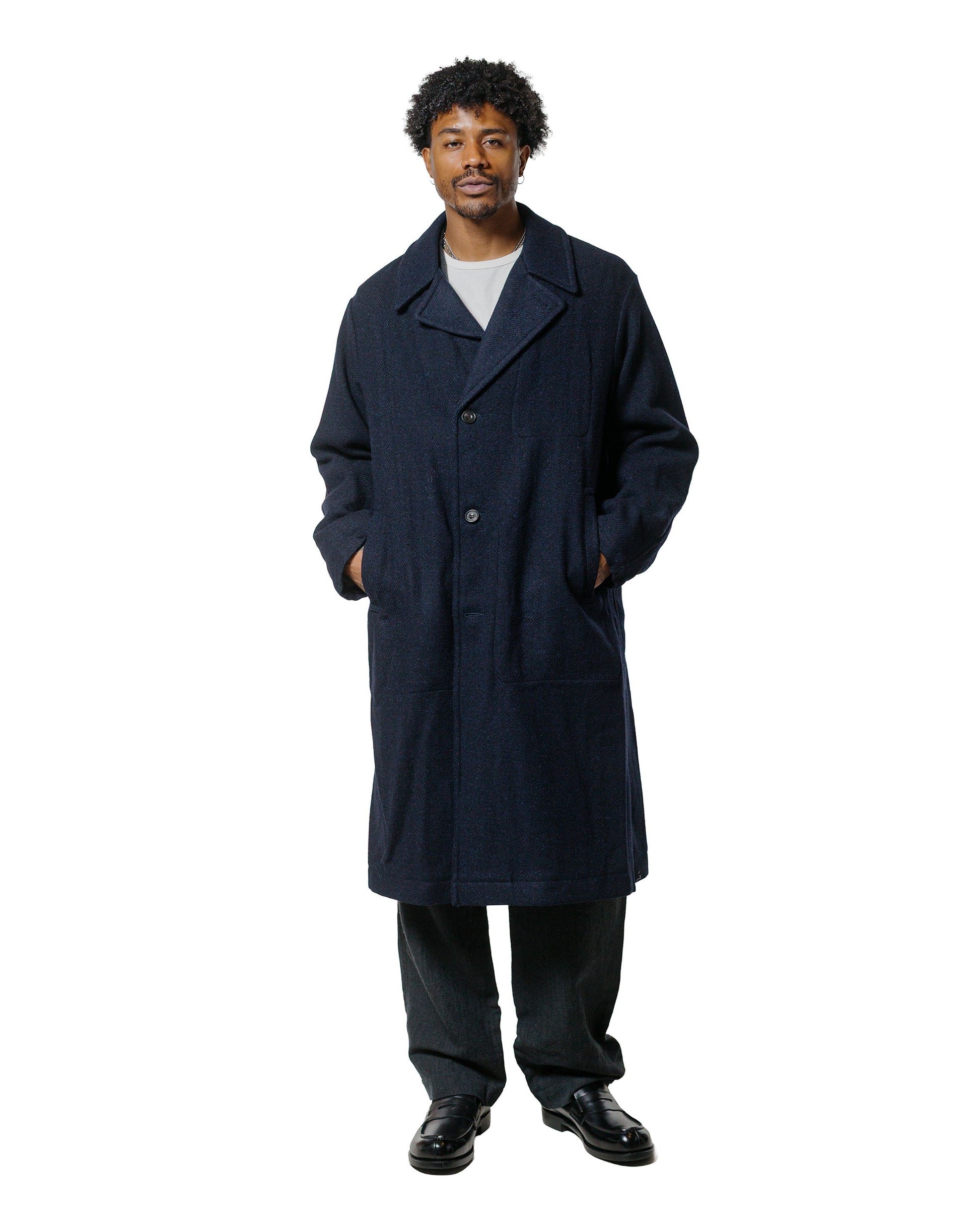 Sage de Cret Harris Tweed Ulster Collar Long Coat Navy