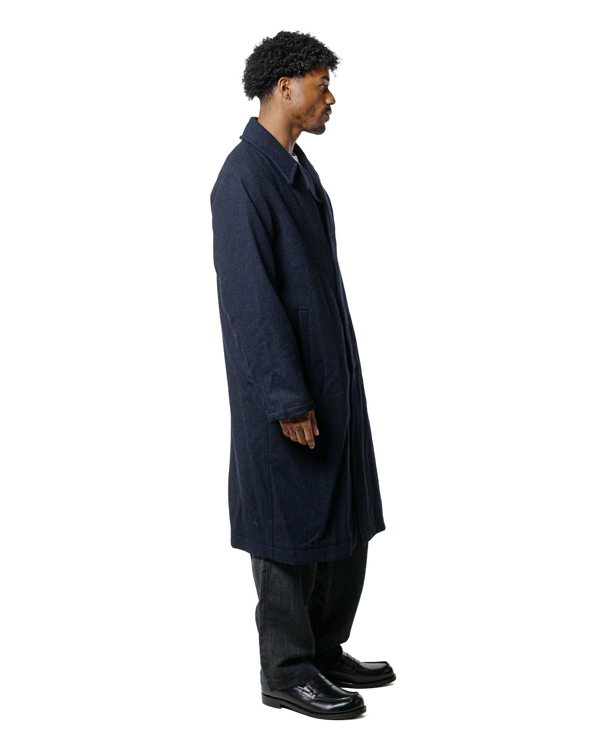 Sage de Cret Harris Tweed Ulster Collar Long Coat Navy