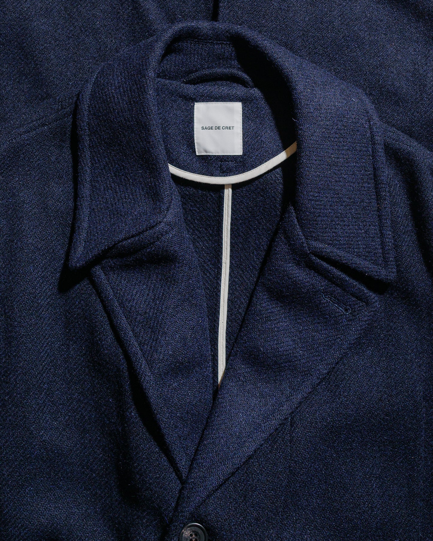 Sage de Cret Harris Tweed Ulster Collar Long Coat Navy