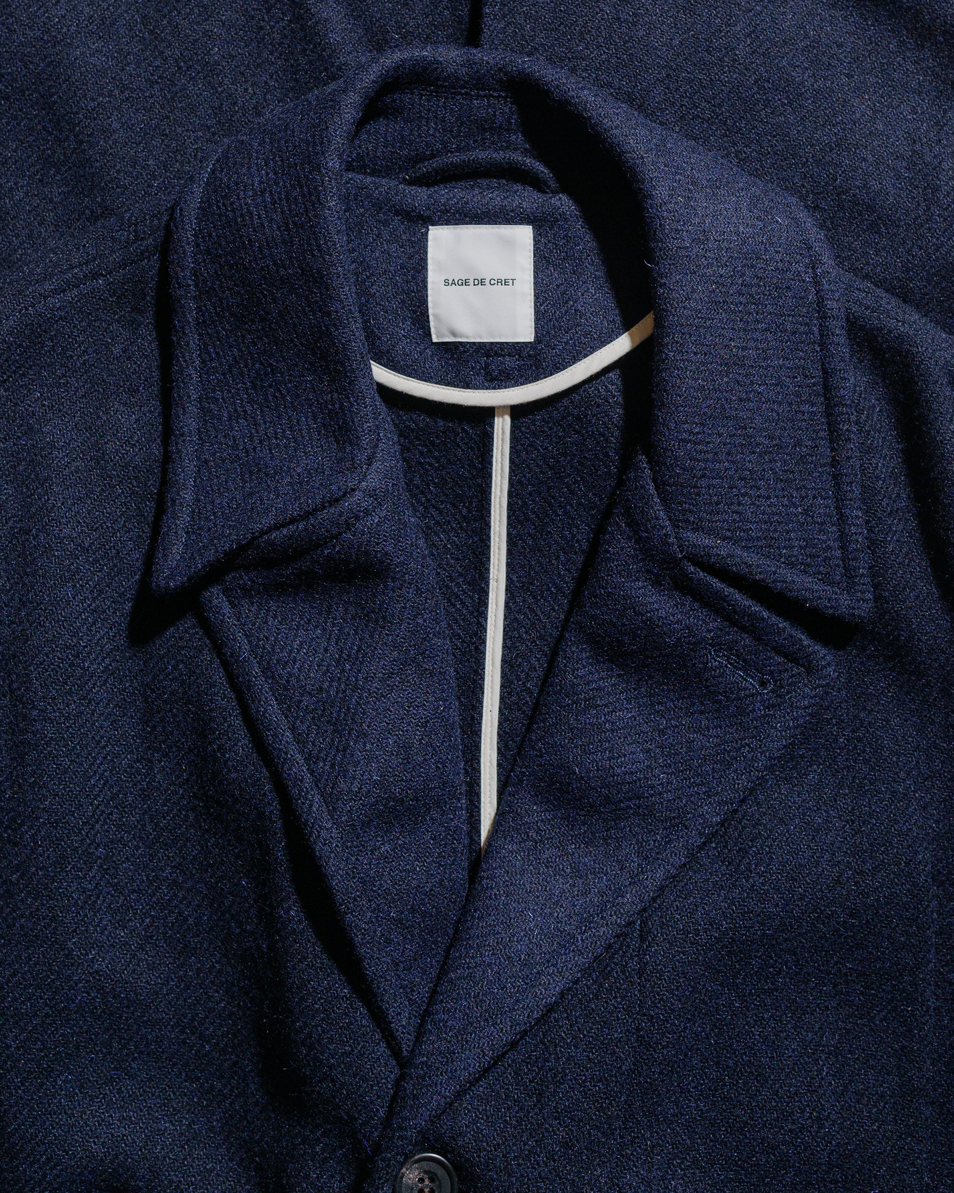 Sage de Cret Harris Tweed Ulster Collar Long Coat Navy