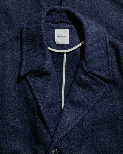 Sage de Cret Harris Tweed Ulster Collar Long Coat Navy