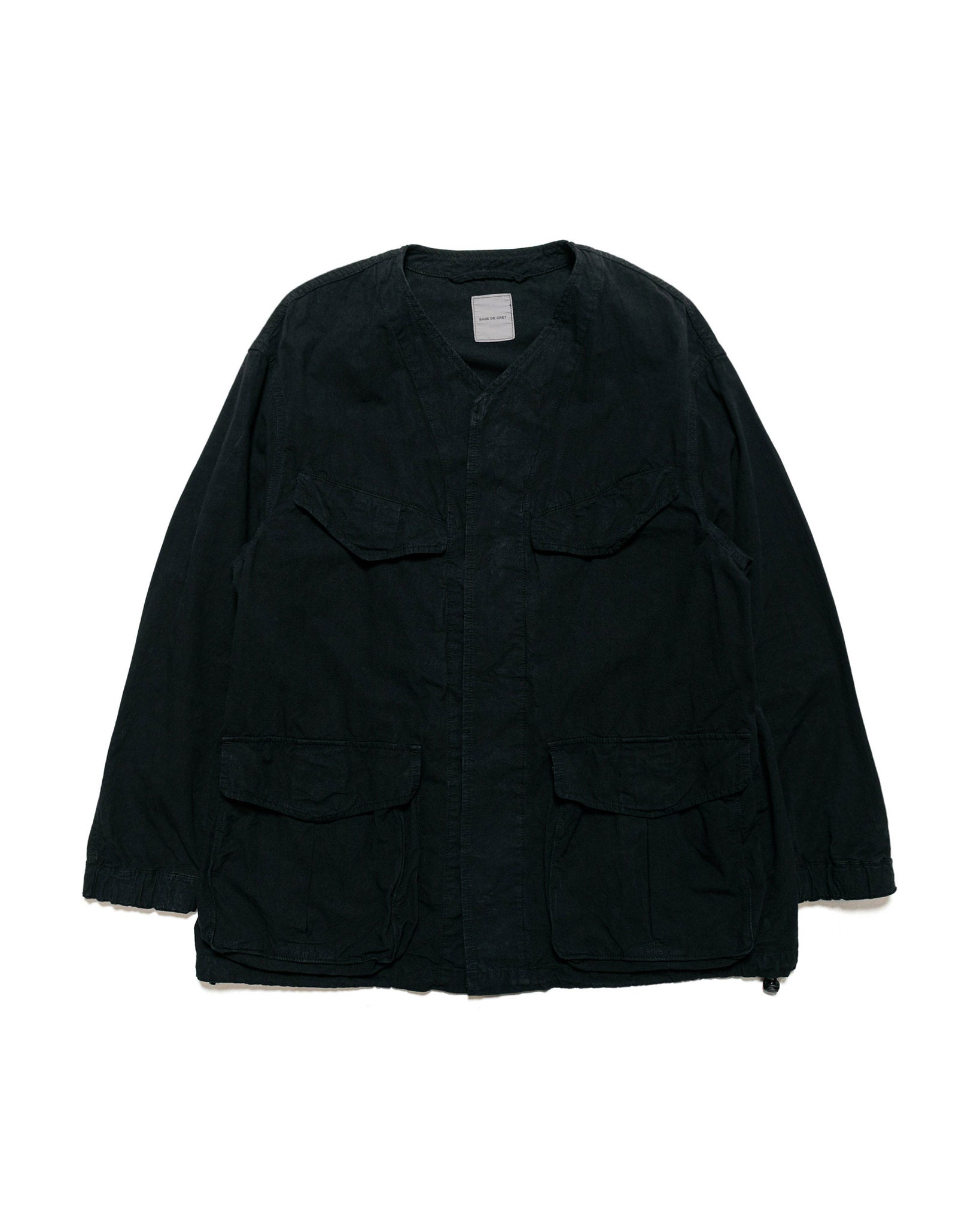 Sage de Cret High Density Cotton Hemp Collarless Fatigue Jacket Black