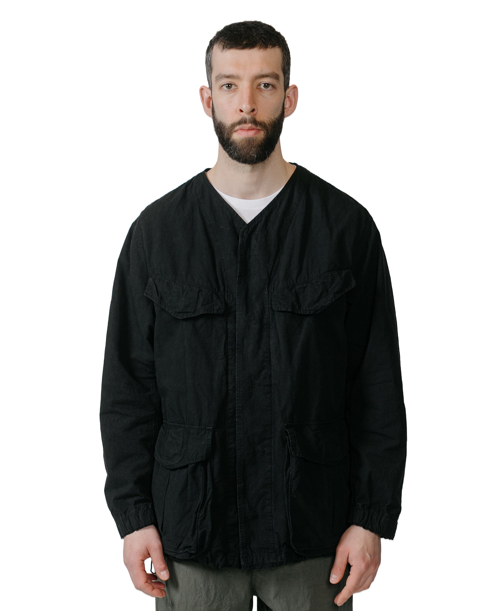 Sage de Cret High Density Cotton Hemp Collarless Fatigue Jacket Black model front