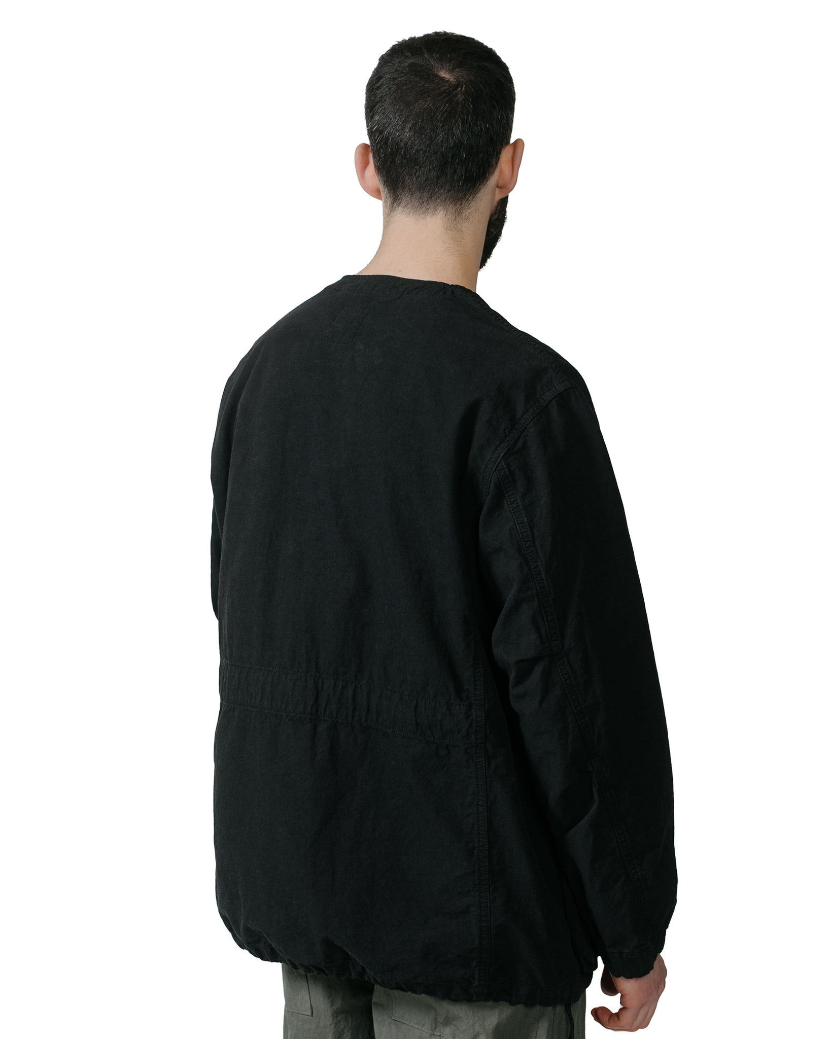 Sage de Cret High Density Cotton Hemp Collarless Fatigue Jacket Black model back