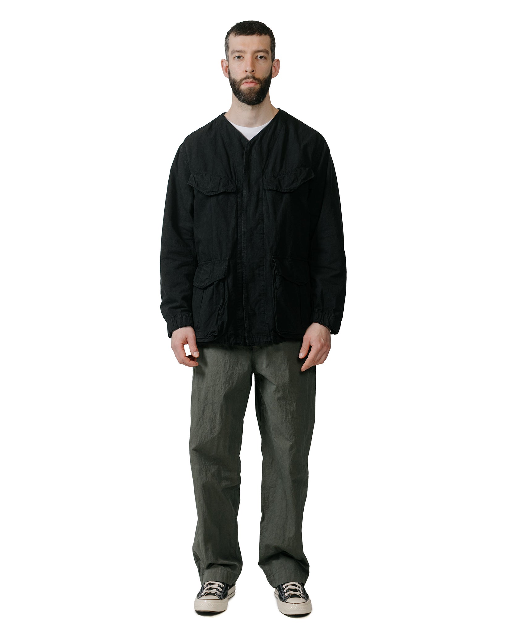 Sage de Cret High Density Cotton Hemp Collarless Fatigue Jacket Black model full