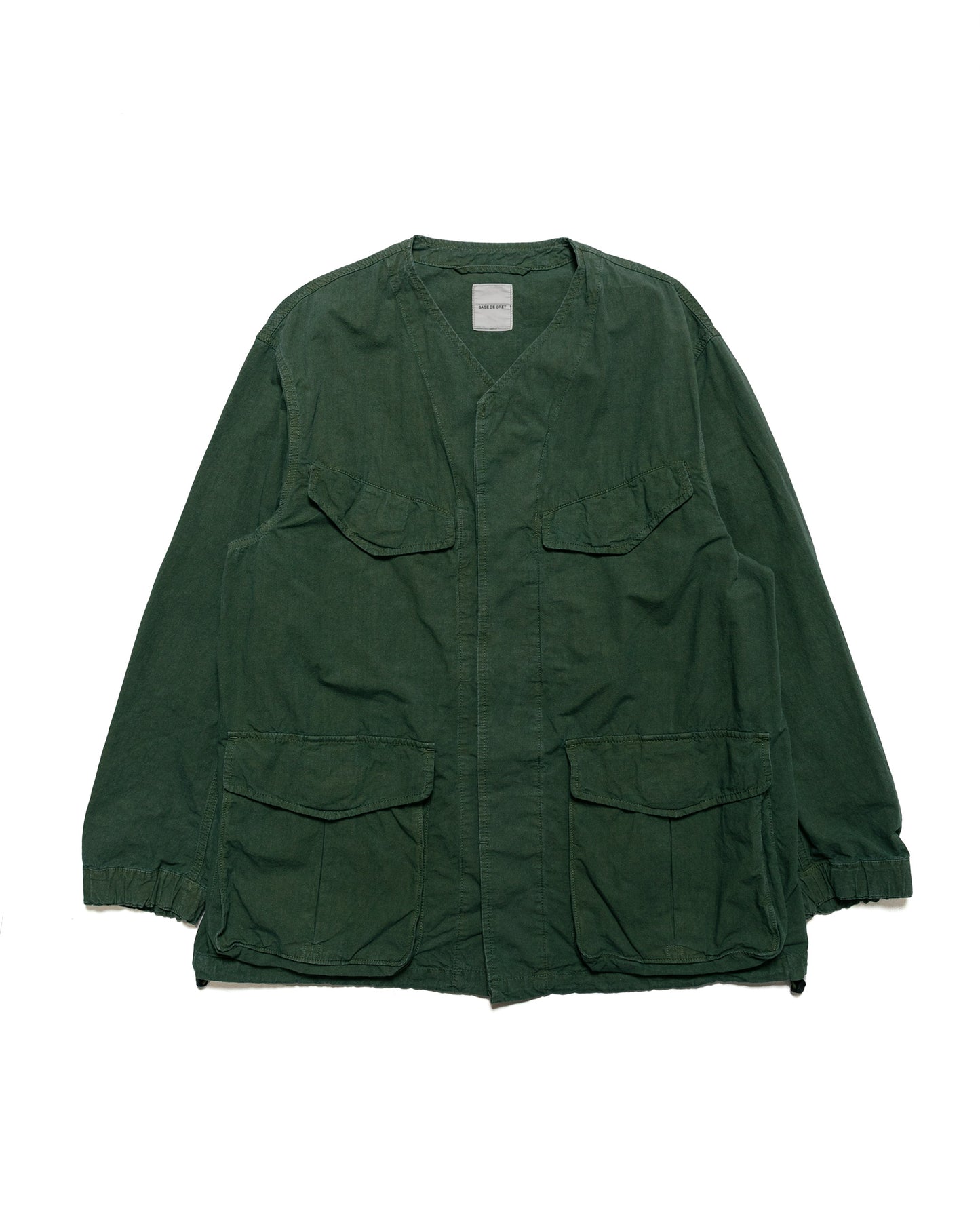 Sage de Cret High Density Cotton Hemp Collarless Fatigue Jacket Olive