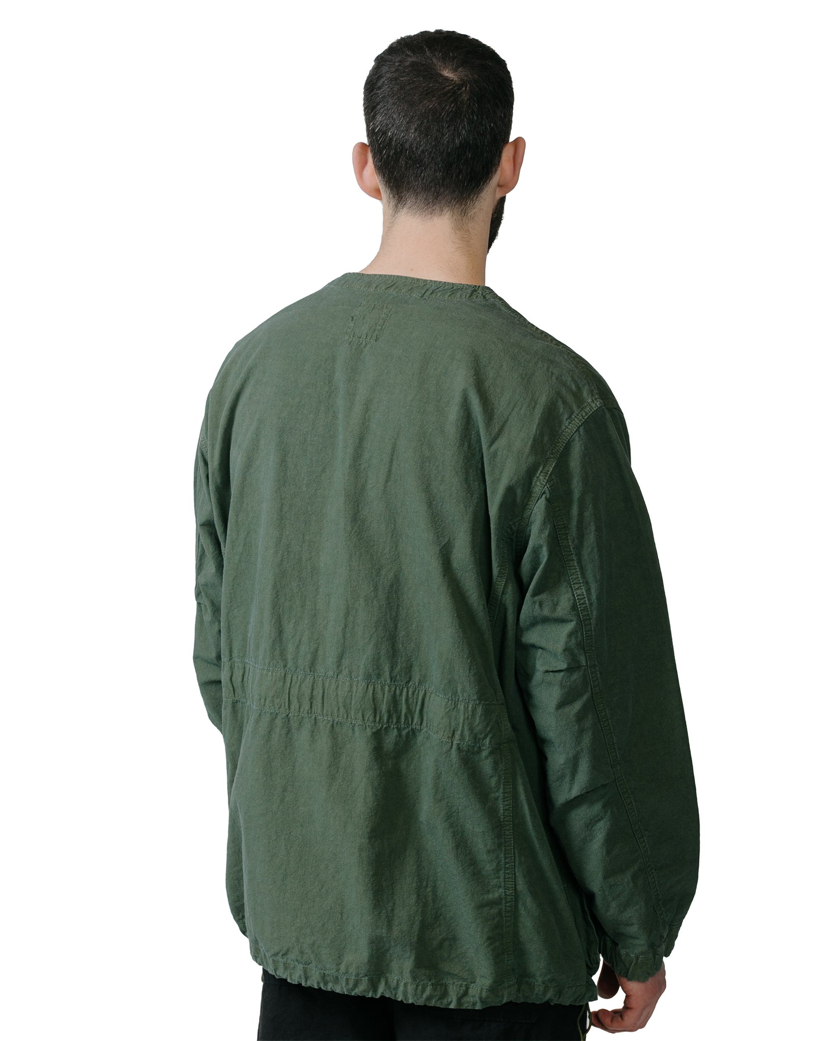 Sage de Cret High Density Cotton Hemp Collarless Fatigue Jacket Olive model back