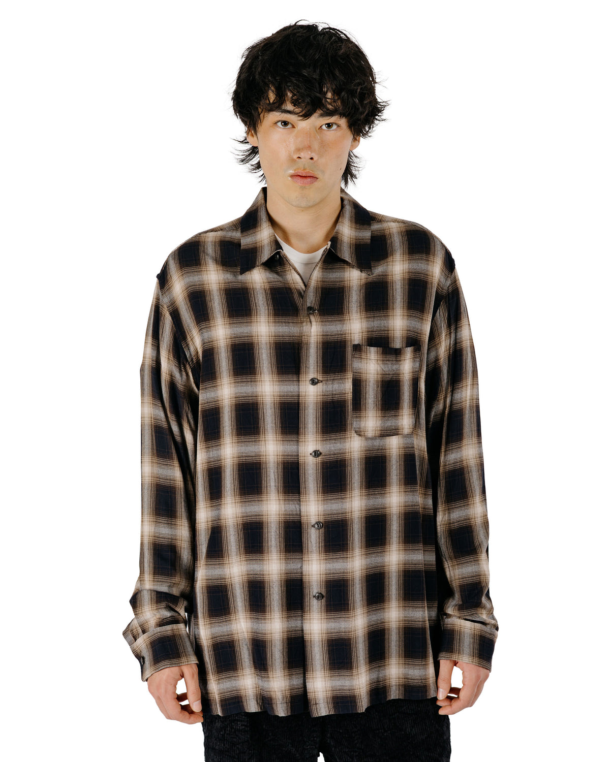 Sage de Cret RA Ombre Check Open Collar Shirt Brown-2