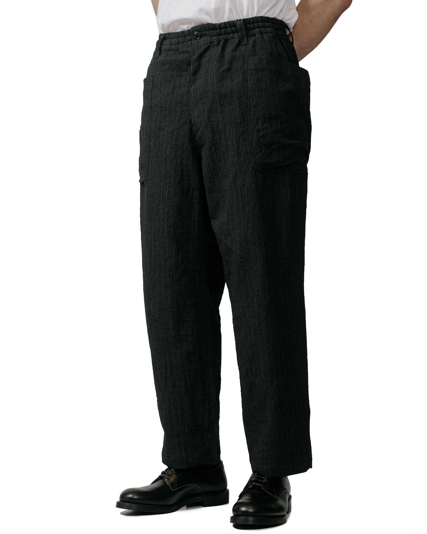 Sage de Cret Wool Yarn Dyed Cropped Peg Top Work Pants Black Stripe model front