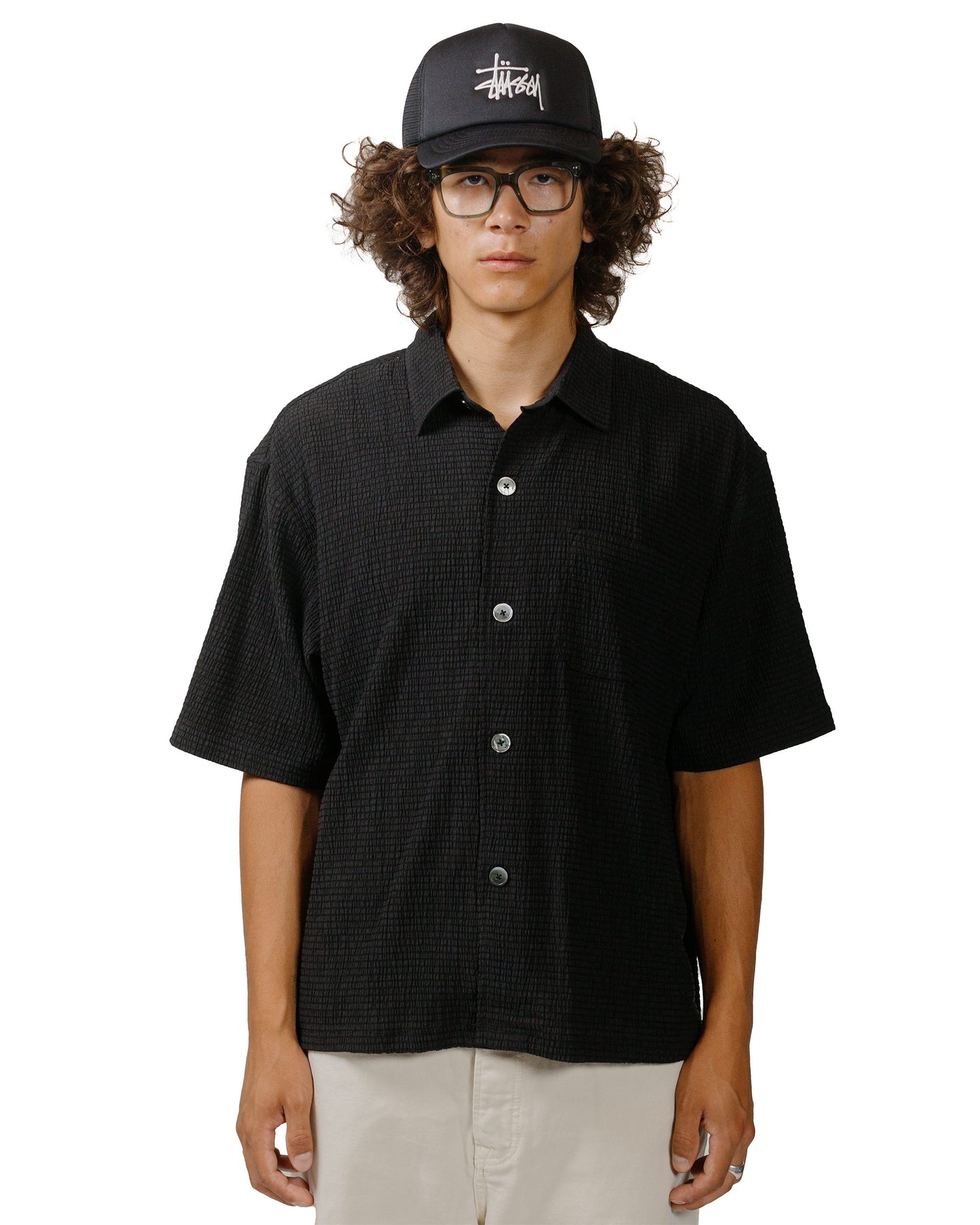 Stüssy Flat Bottom Crinkled Shirt Black model front