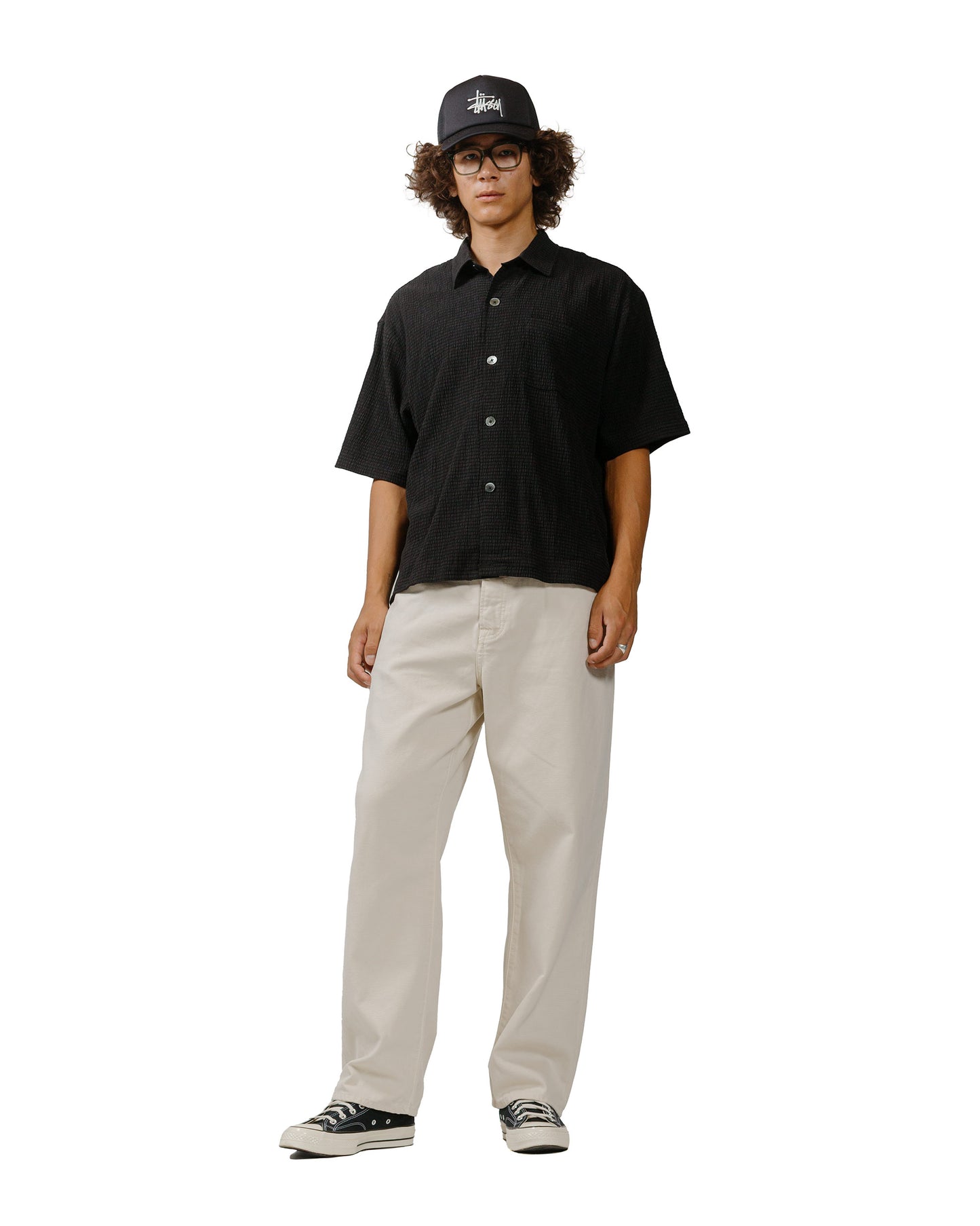 Stüssy Flat Bottom Crinkled Shirt Black model full