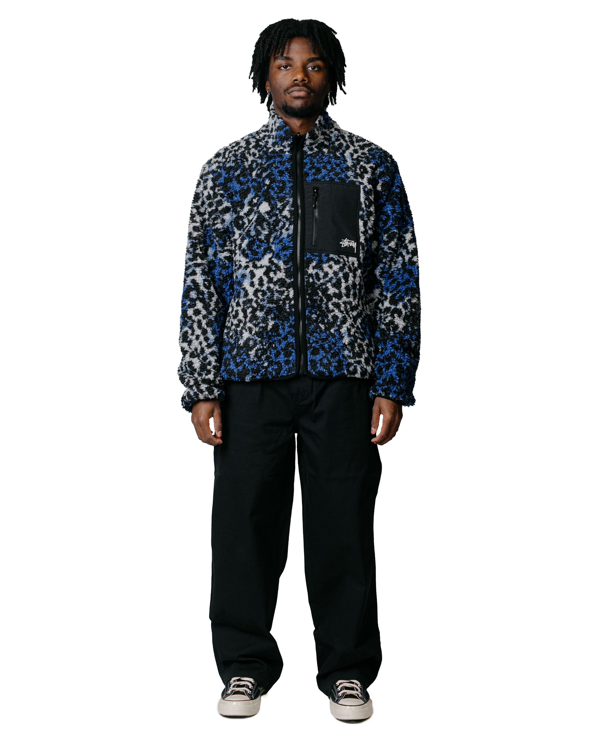 Stüssy Sherpa Reversible Jacket Blue Leopard model full