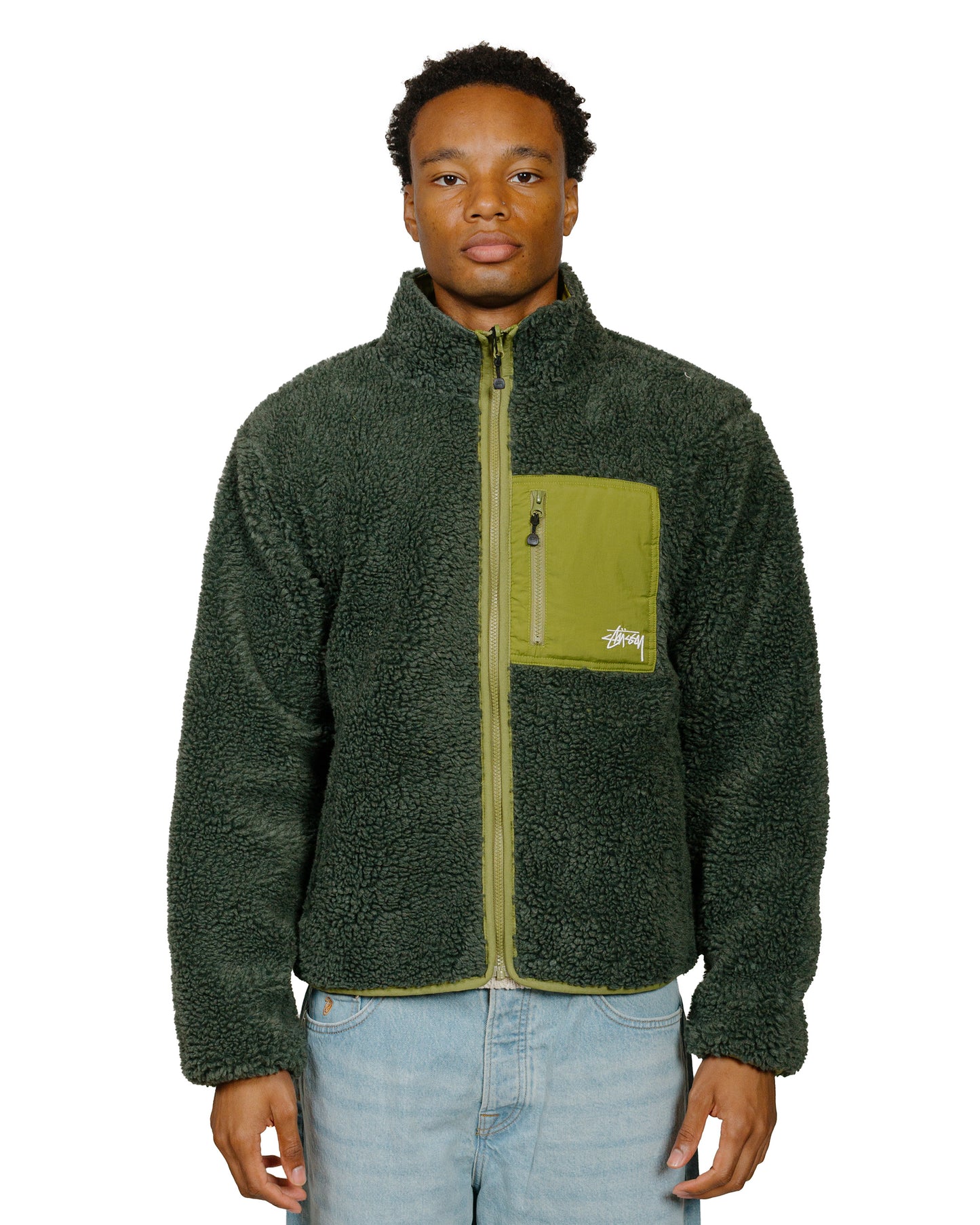 Stüssy Sherpa Reversible Jacket Dark Green model front