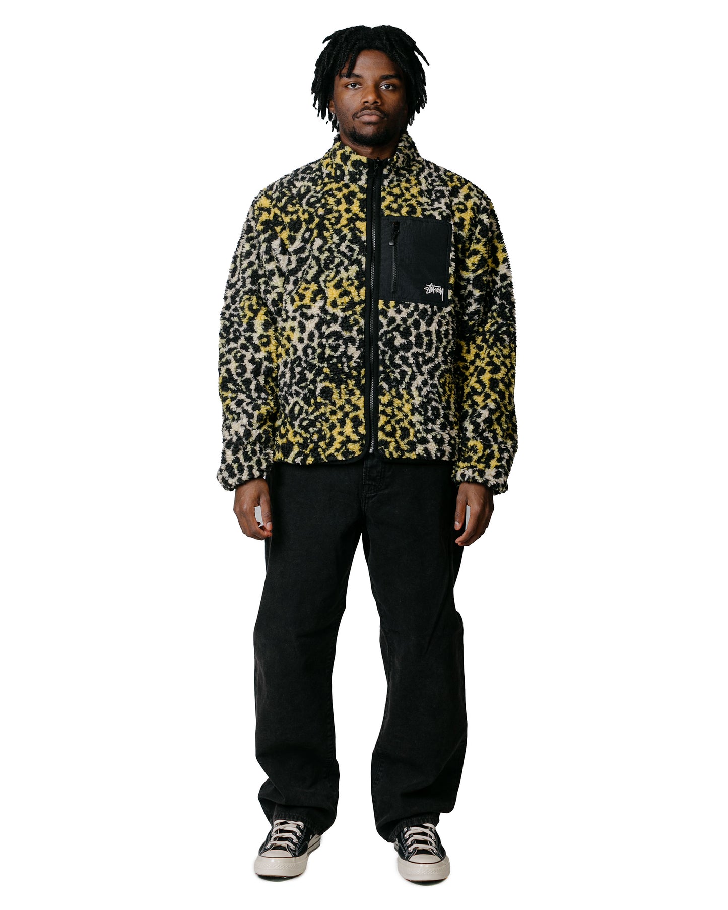 Stüssy Sherpa Reversible Jacket Yellow Leopard model full