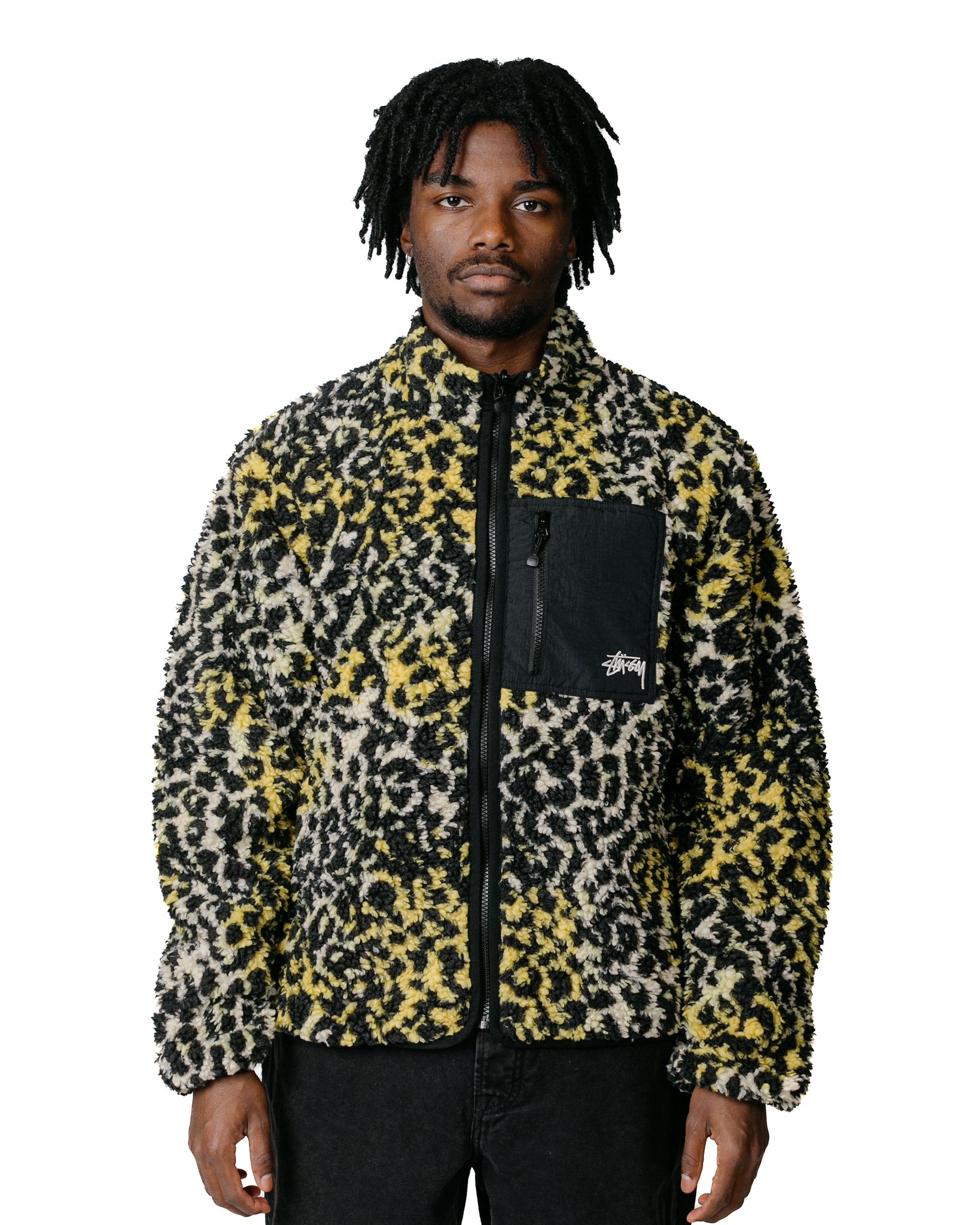 Stüssy Sherpa Reversible Jacket Yellow Leopard model front