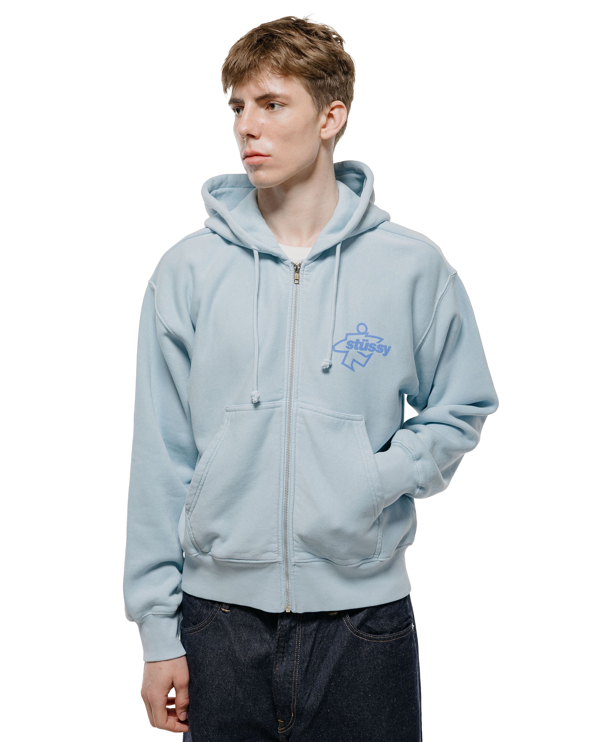 Stüssy Surf Size Garment Dyed Zip Hoodie Sky Blue