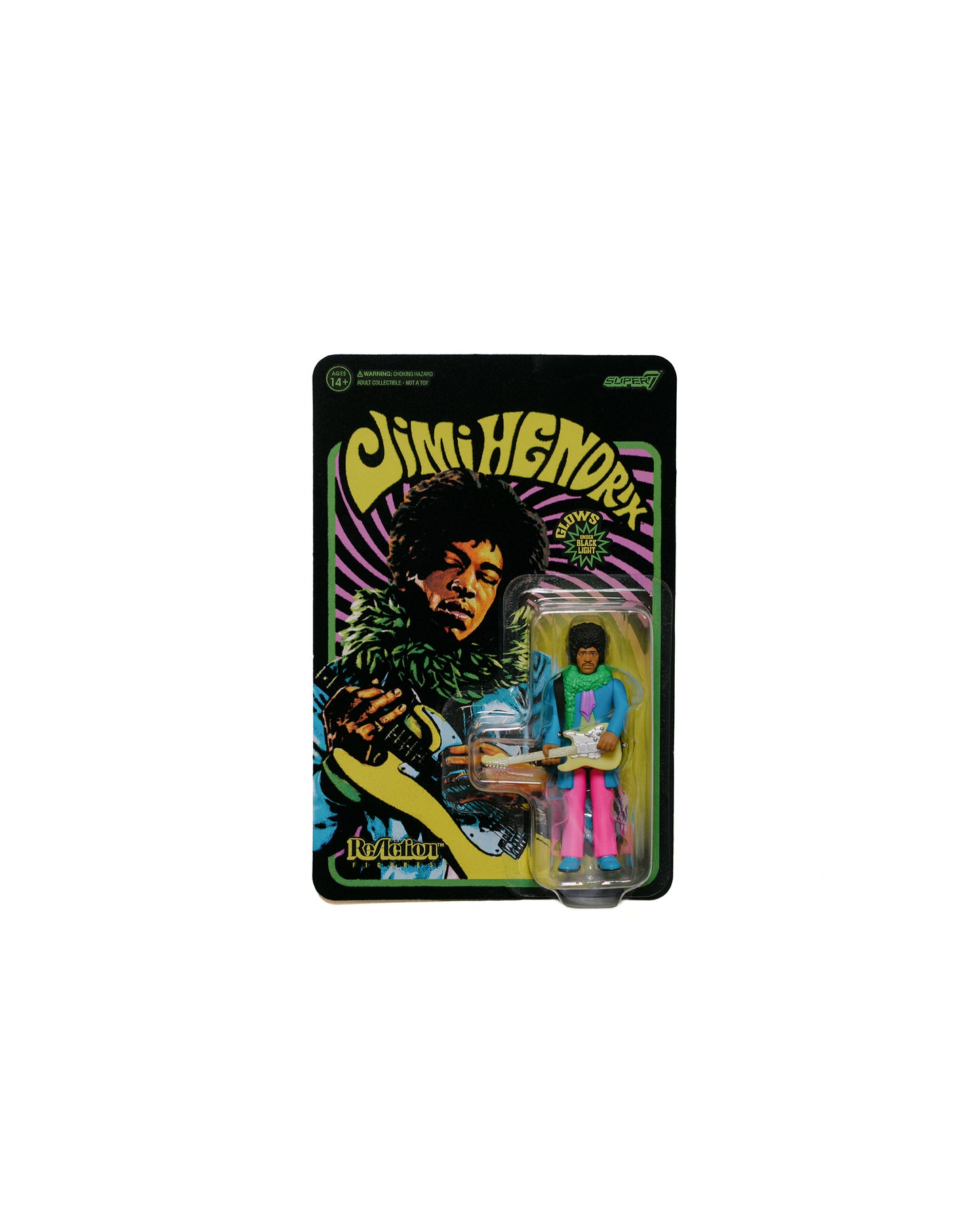 Super7 Jimi Hendrix ReAction Figure Jimi Hendrix Blacklight (Are You Experienced)