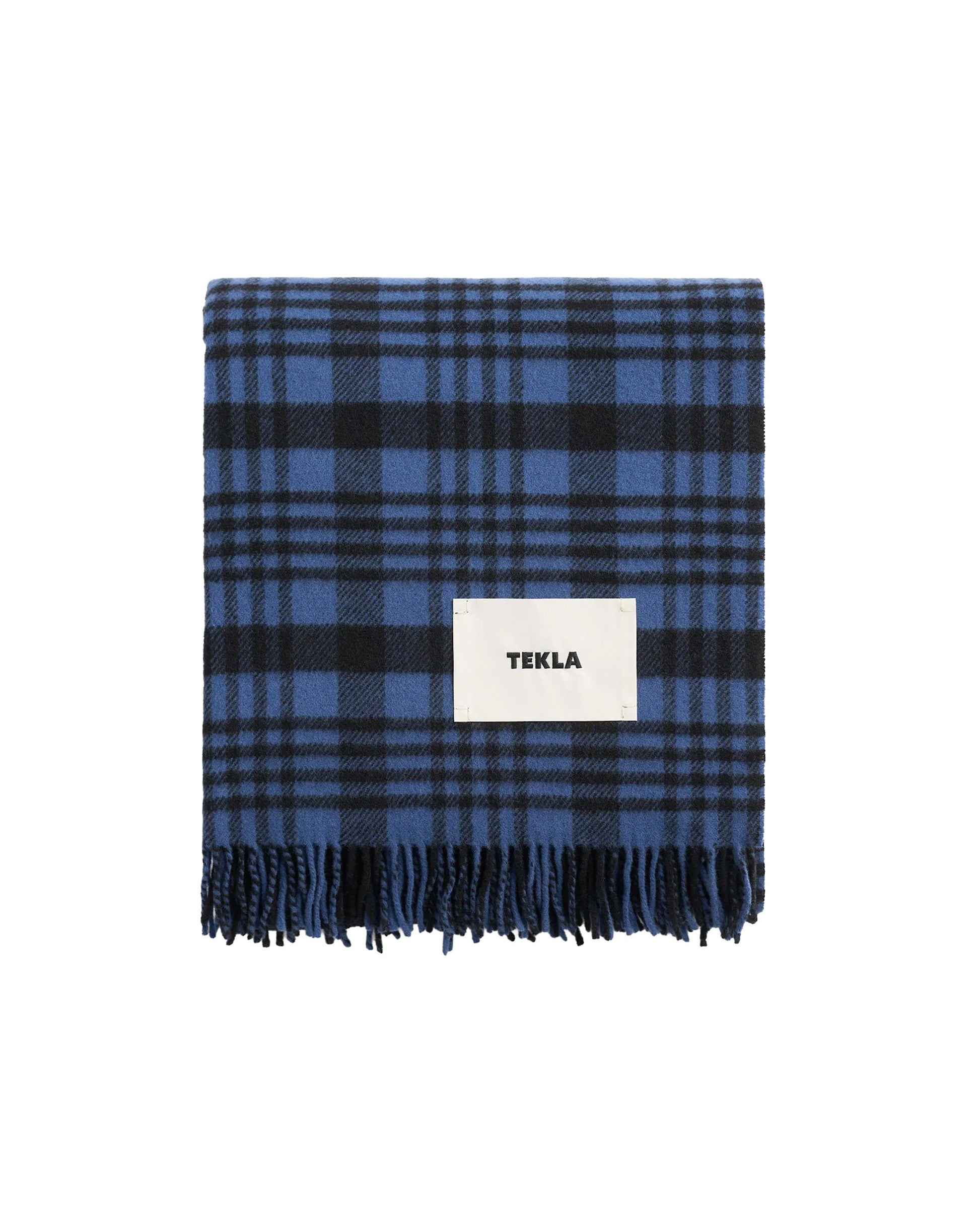 Tekla Lambswool Fringed Blanket Blue Plaid