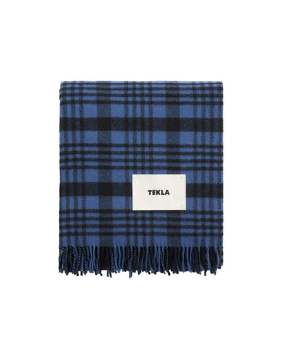 Tekla Lambswool Fringed Blanket Blue Plaid