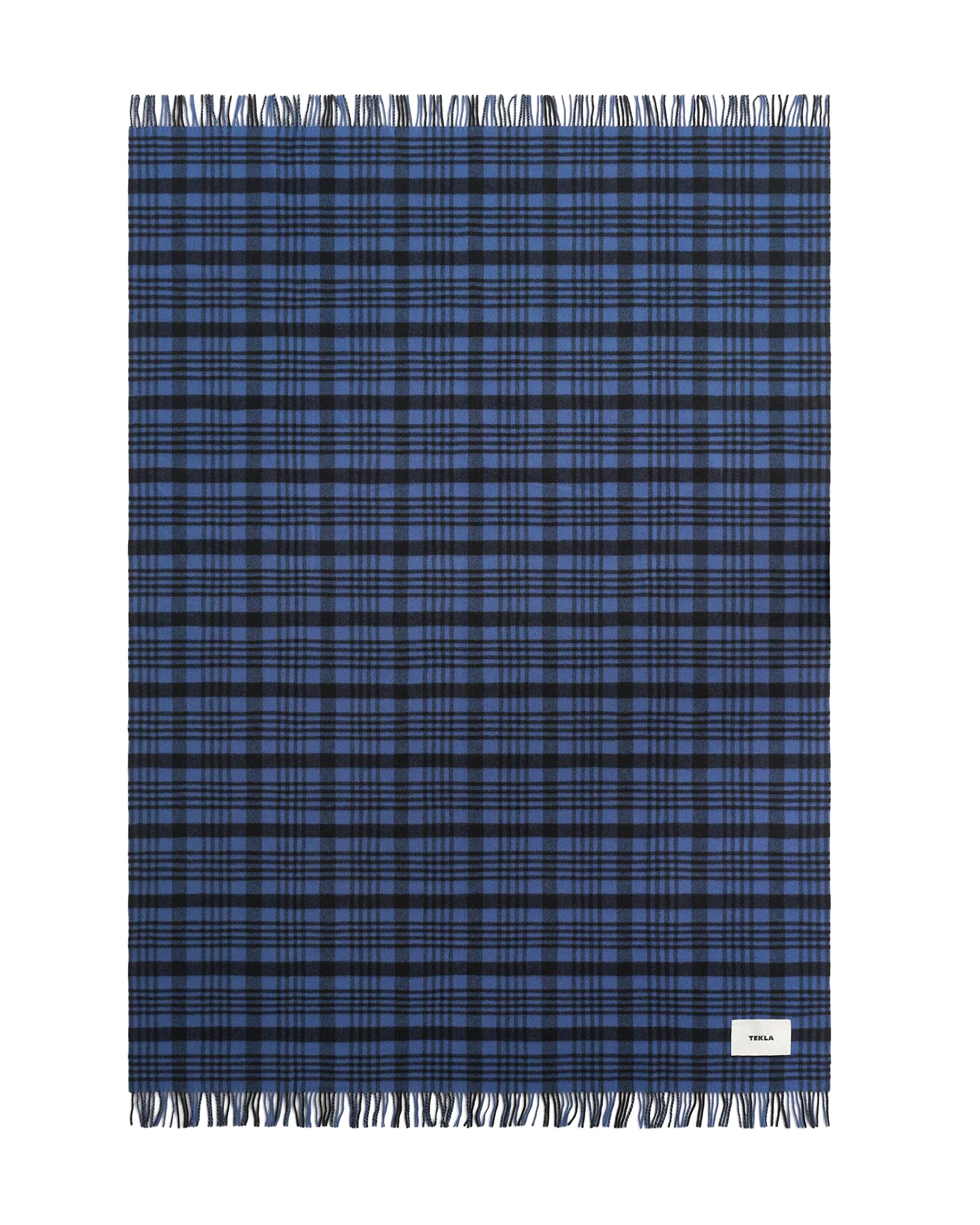 Tekla Lambswool Fringed Blanket Blue Plaid