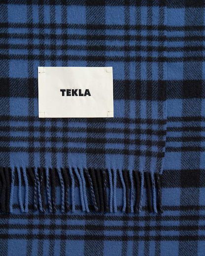 Tekla Lambswool Fringed Blanket Blue Plaid