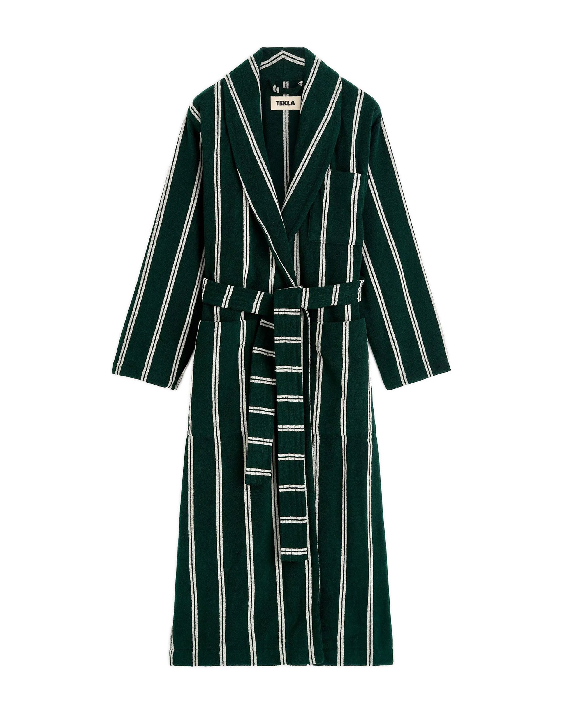 Tekla Terry Classic Bathrobe Forest Green Stripes